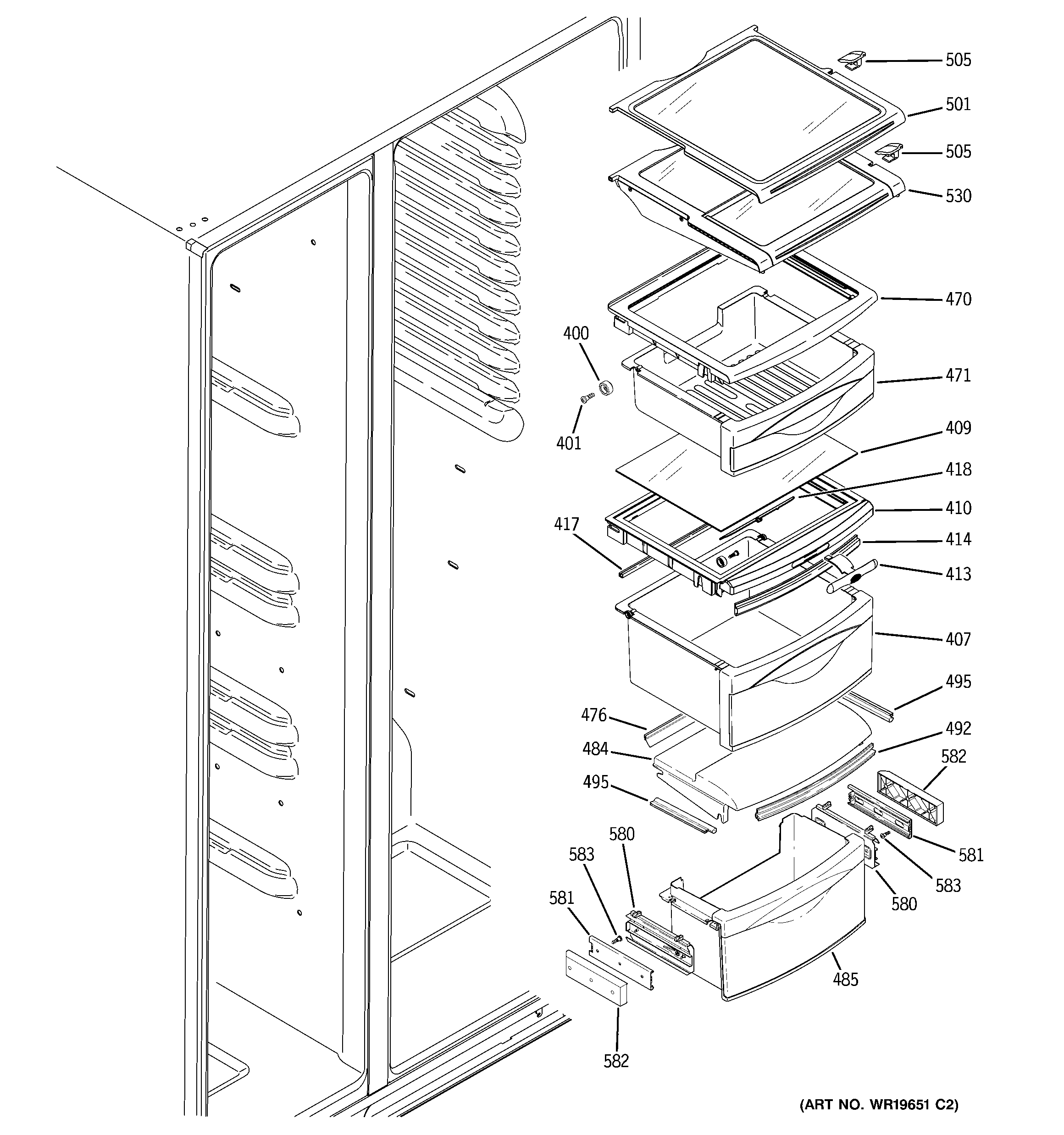 GE PSC23MGSAWW fresh food shelves diagram