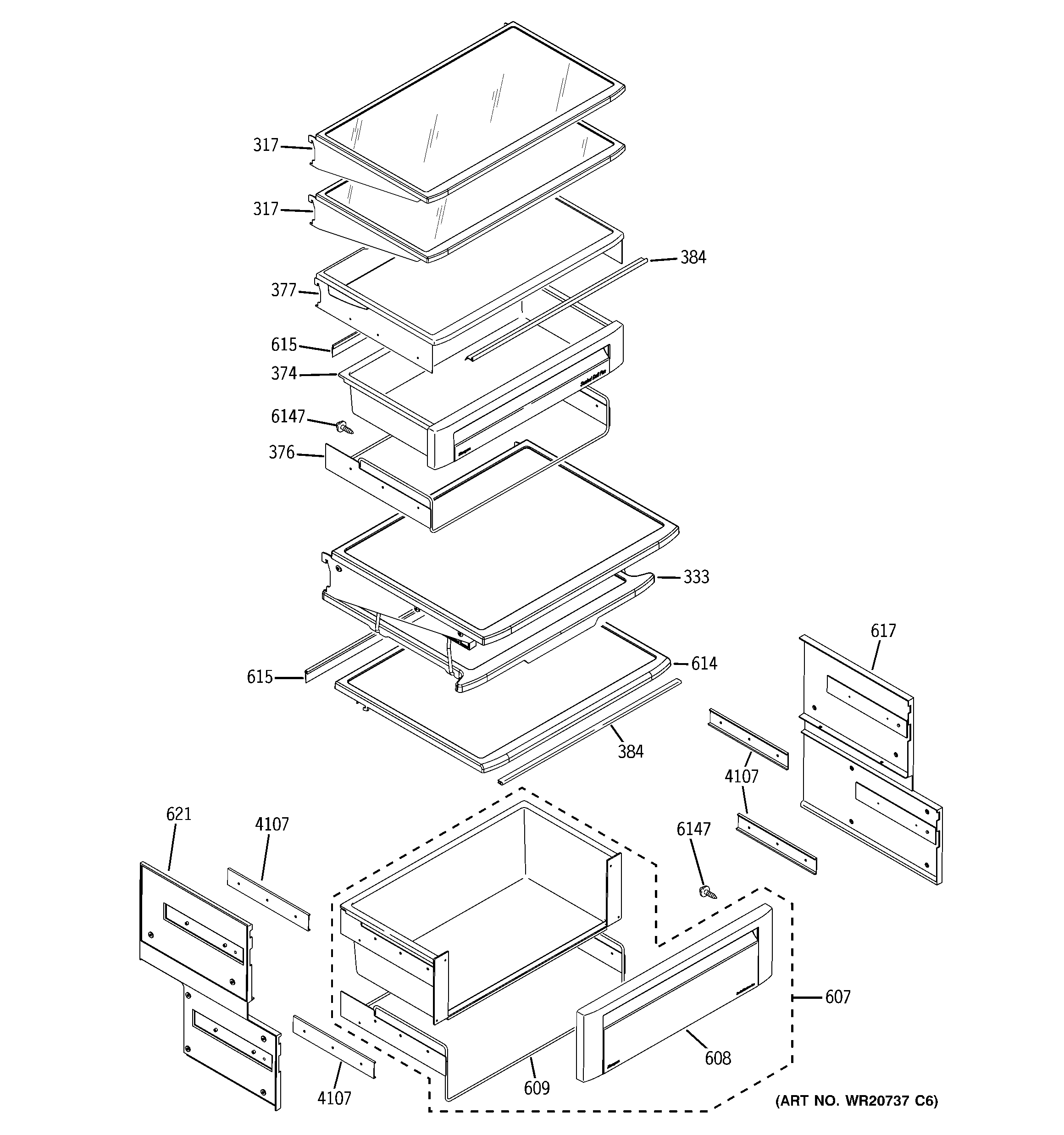 GE ZISW480DXB fresh food shelves diagram