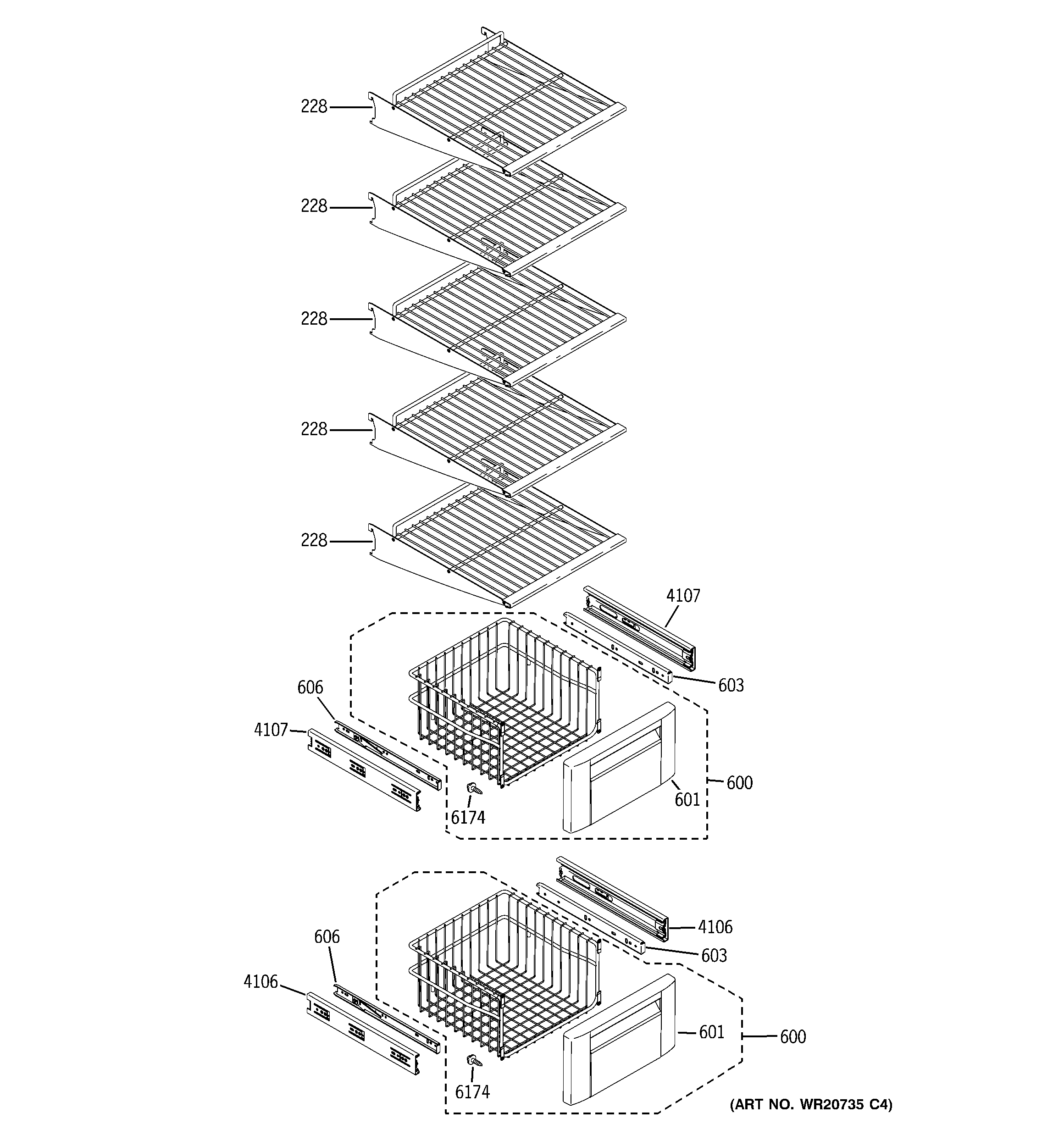 GE ZSEB420DYB freezer shelves diagram