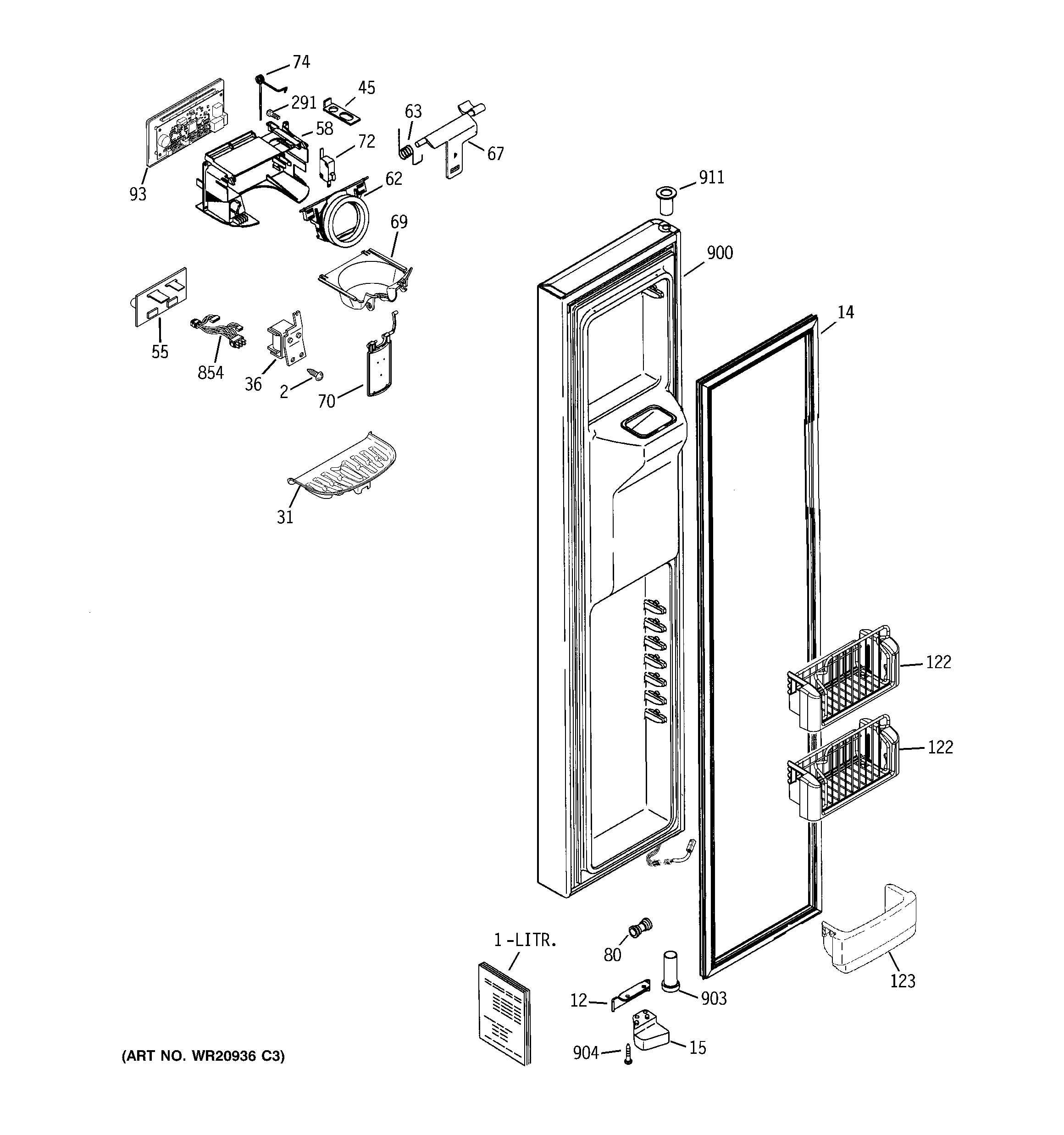 GE RCE25RGBBFNB freezer door diagram