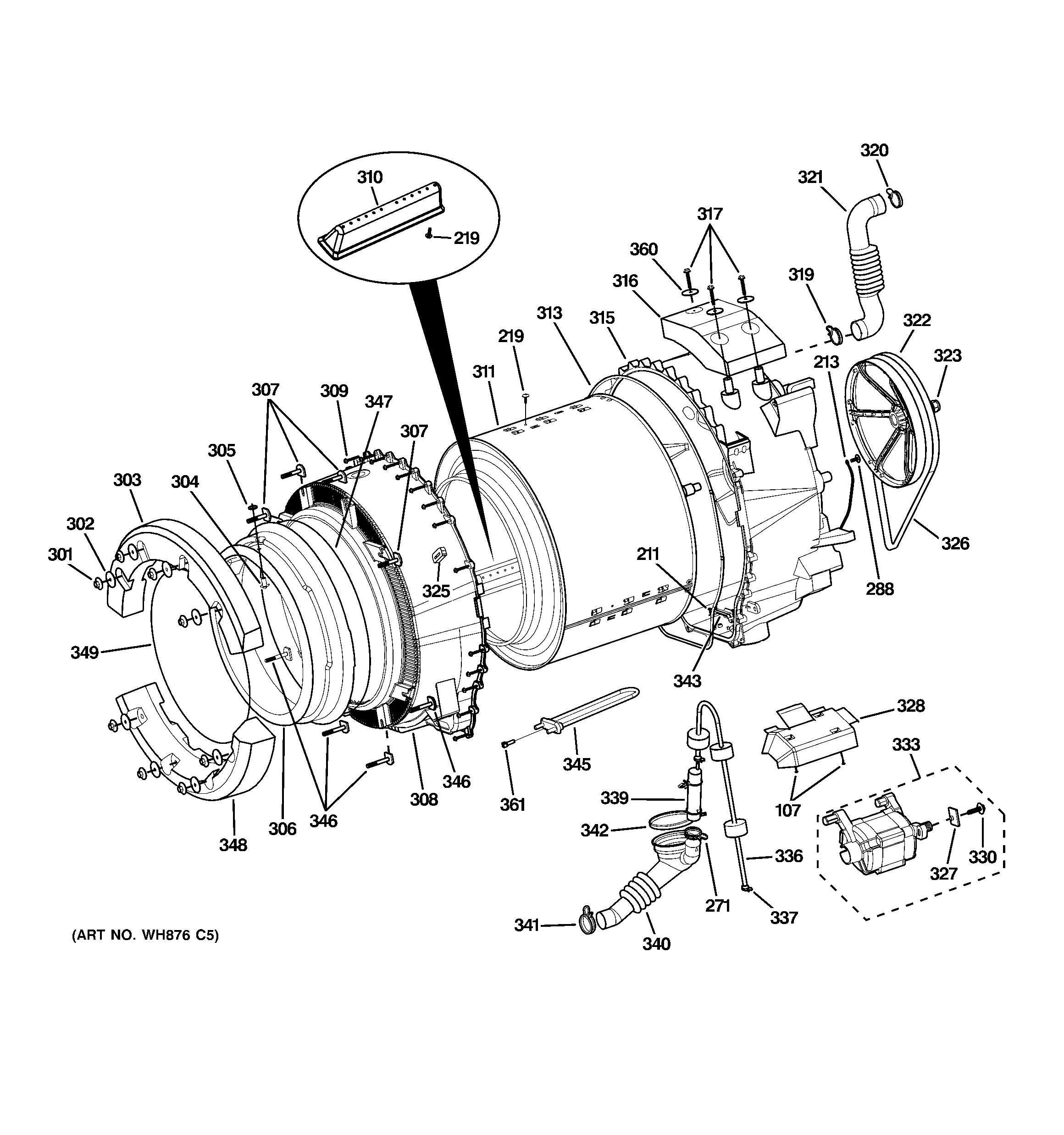GE GCVH6800J5BB tub & motor diagram
