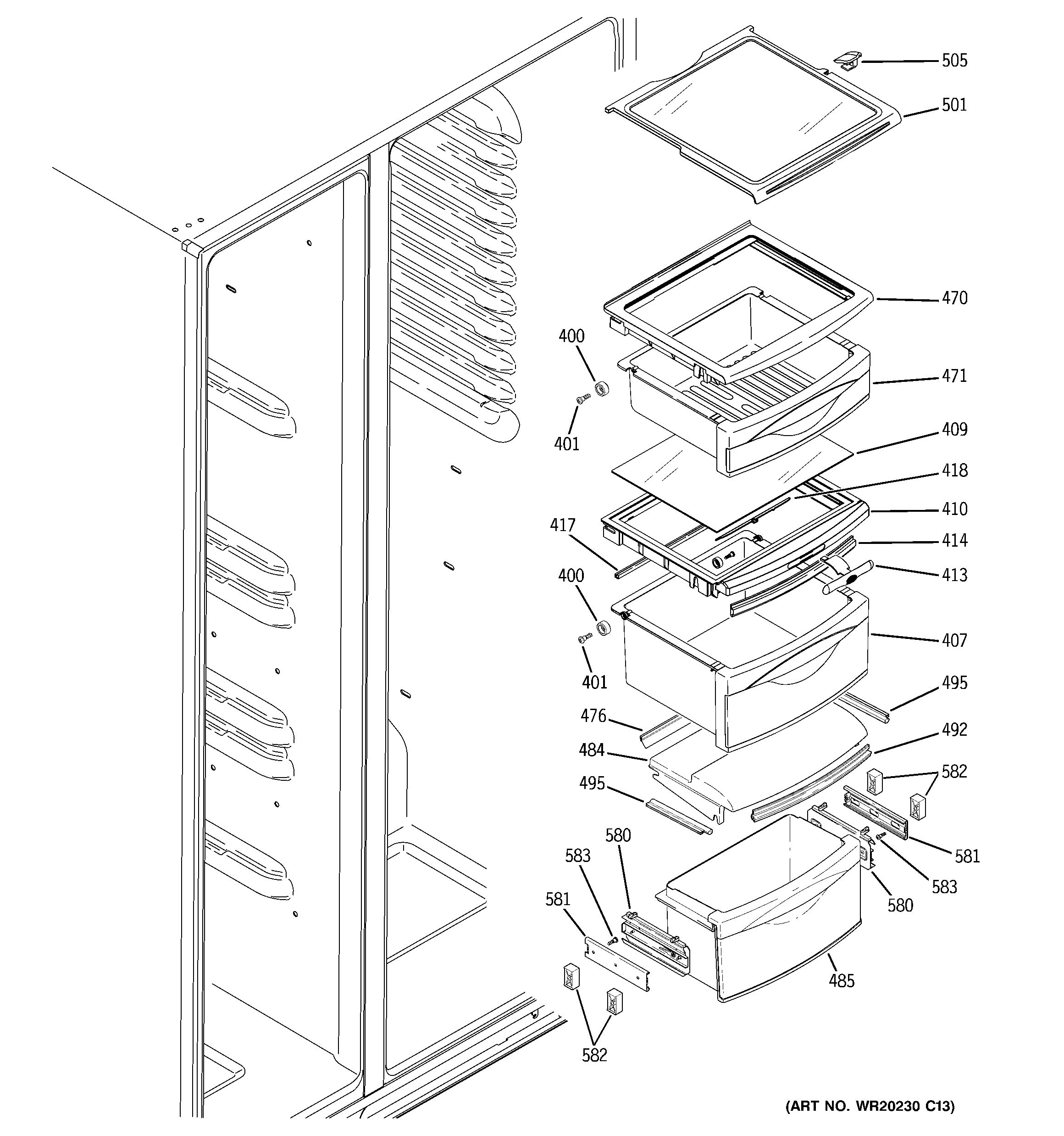GE GSCS3KGYDFSS fresh food shelves diagram