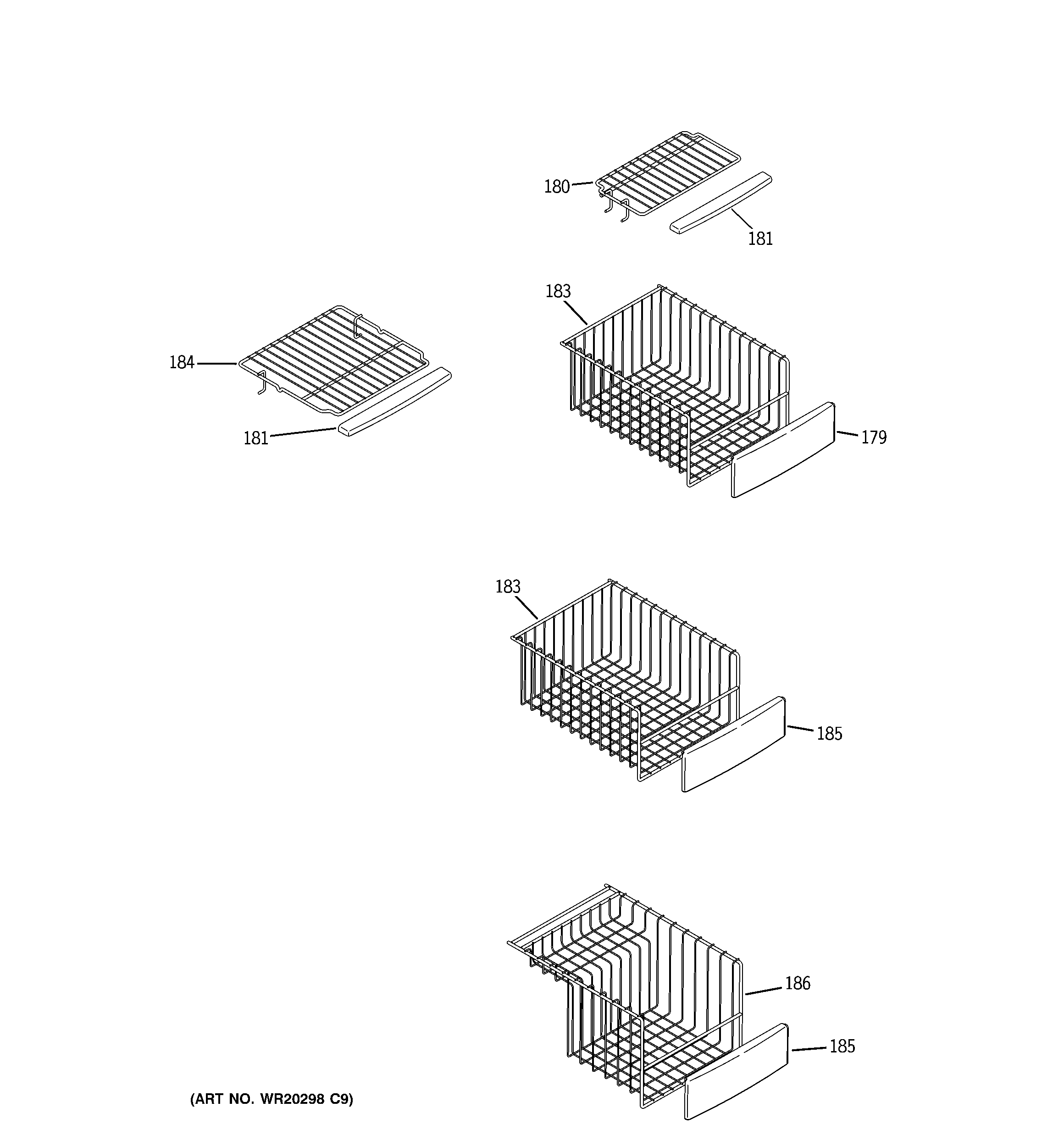 GE PSCF3RGXGFBB freezer shelves diagram