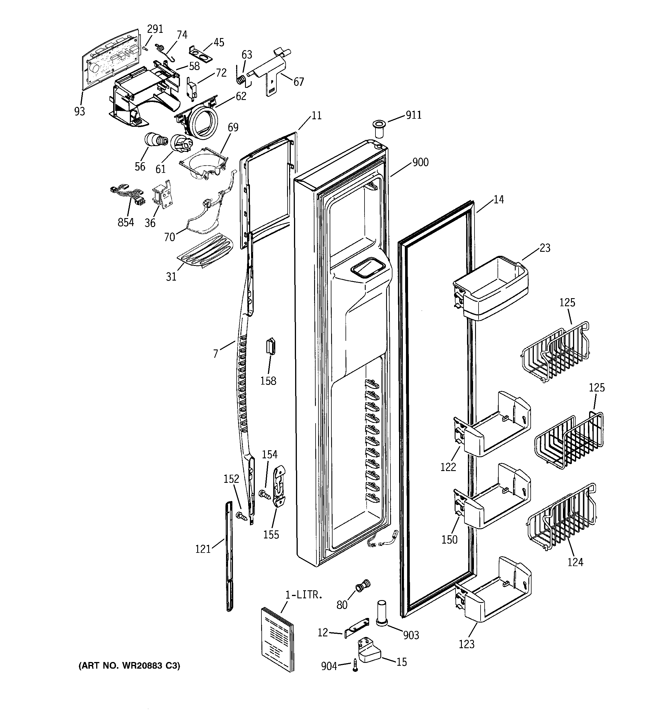 GE PCE23NGTMFWW freezer door diagram