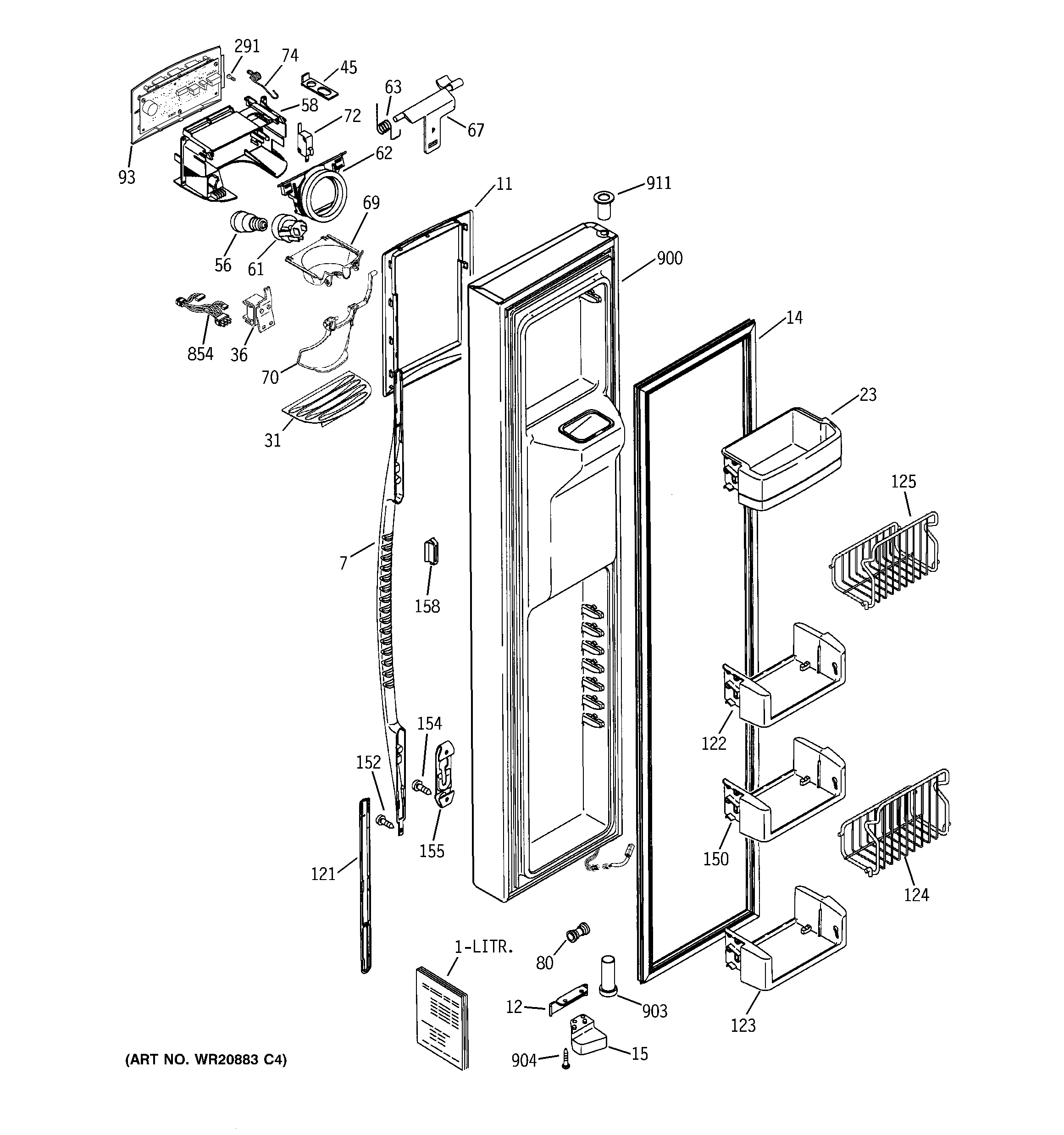 GE PCE23NHTLFBB freezer door diagram