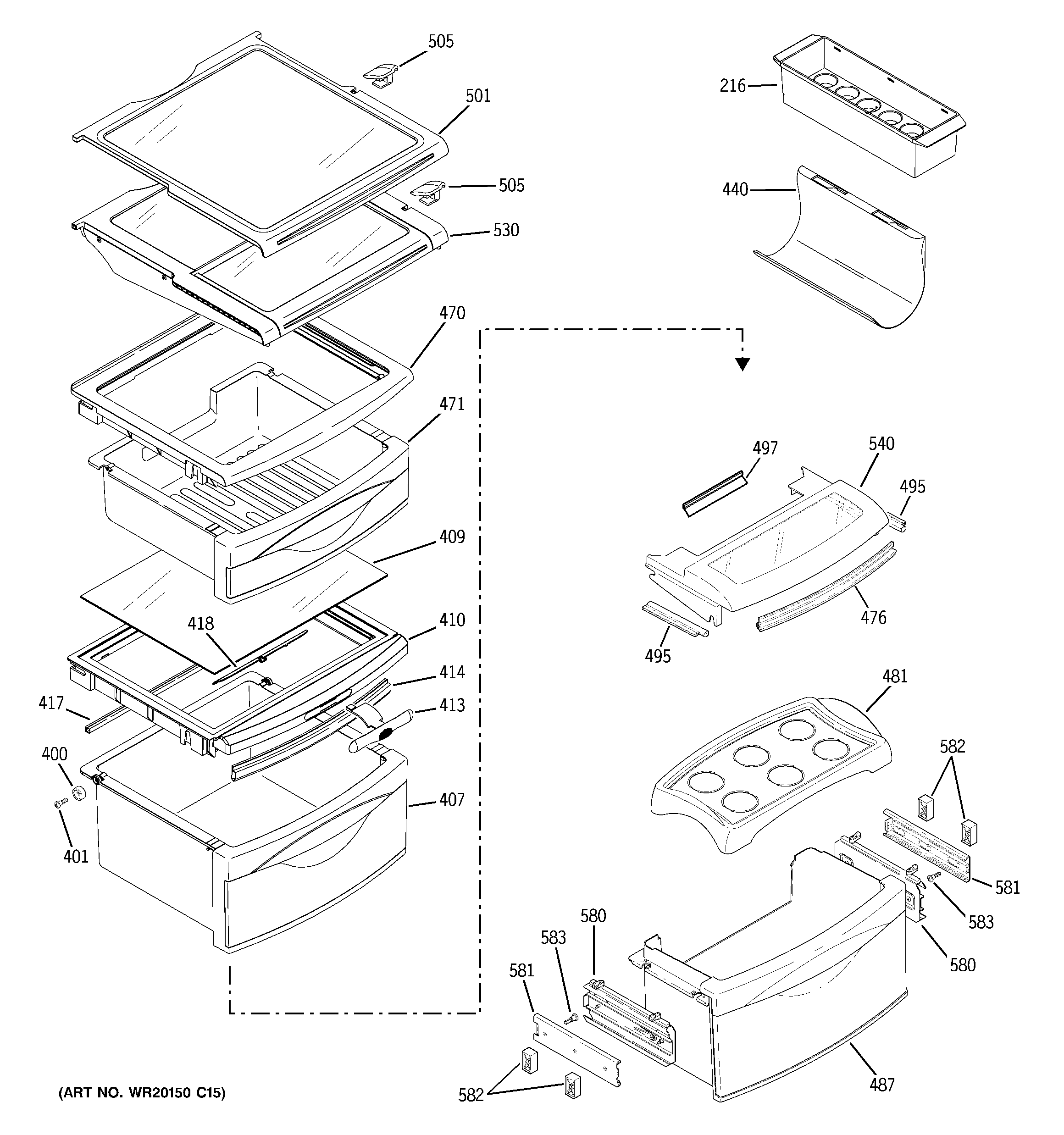 GE PCE23NHTMFWW fresh food shelves diagram