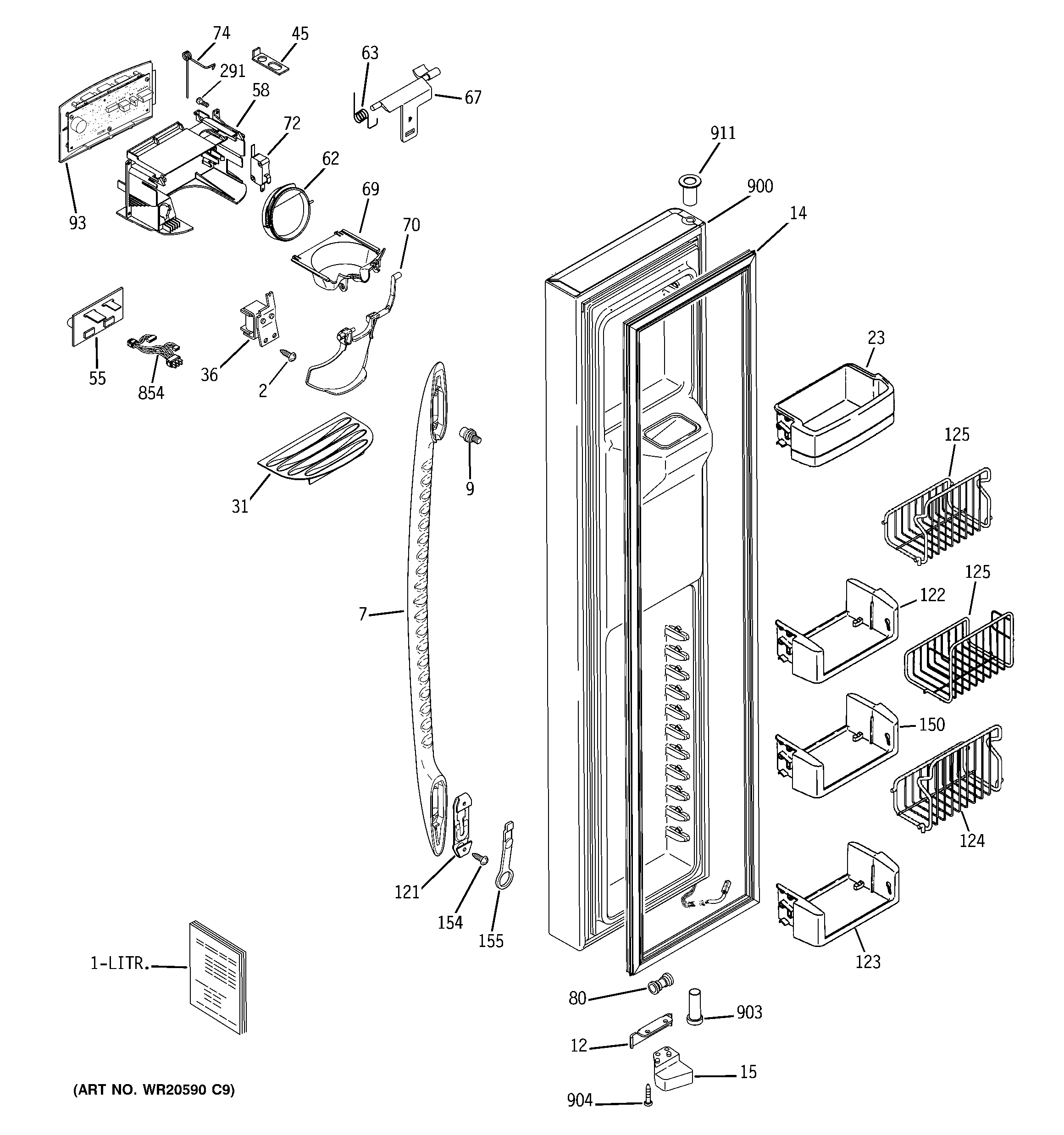 GE PCE23TGXGFWW freezer door diagram