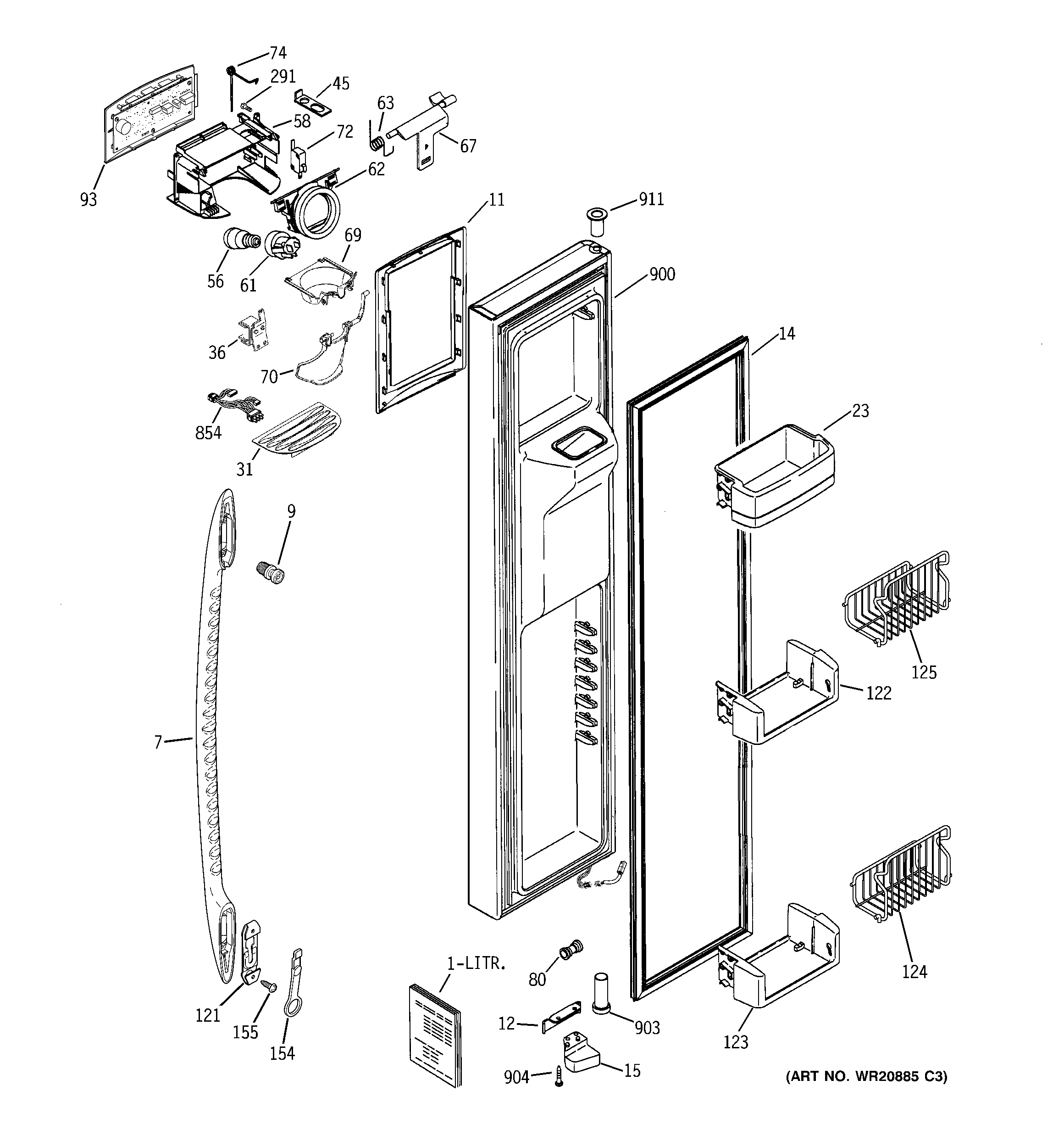 GE PCK23NHWKFCC freezer door diagram