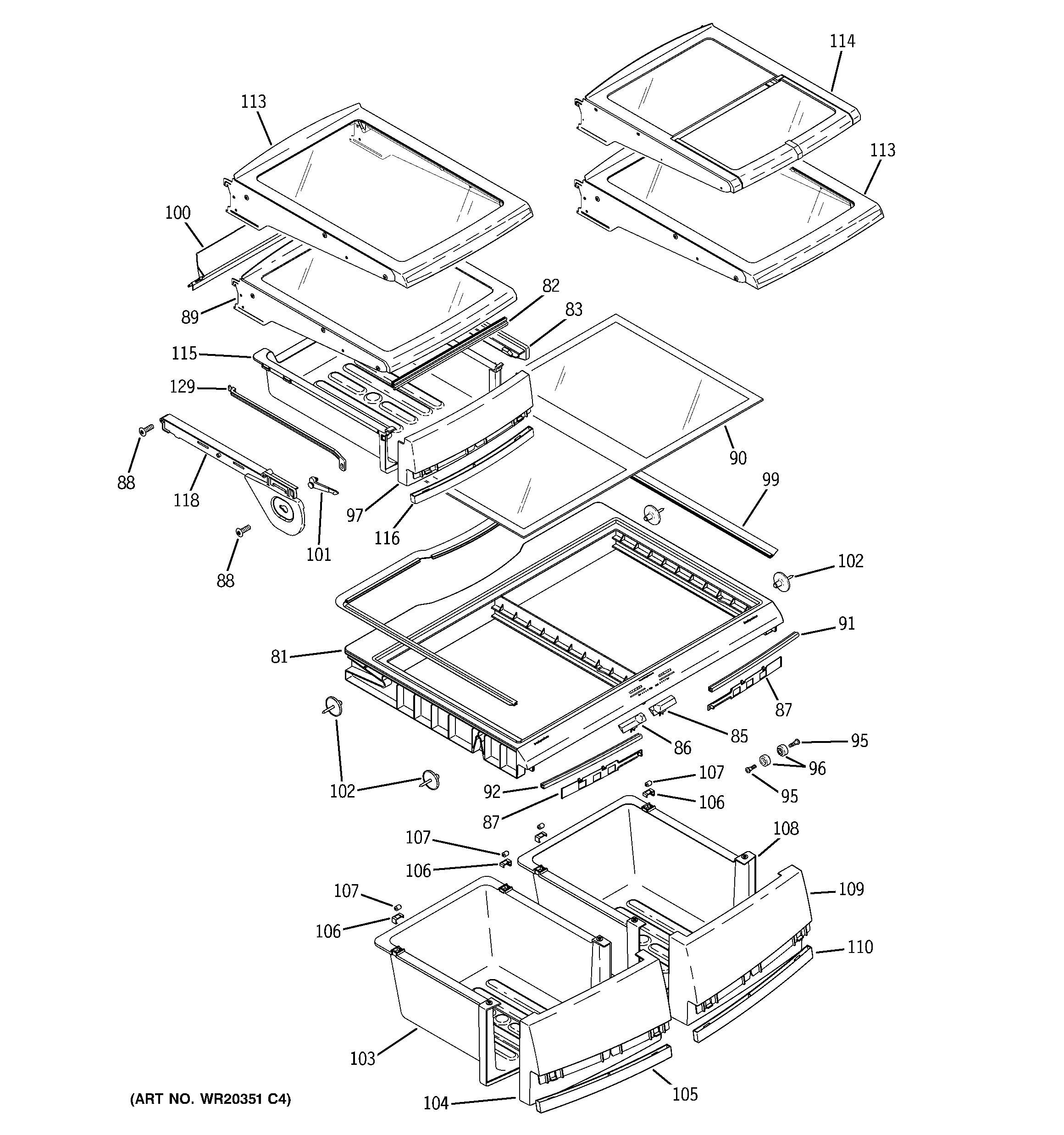 GE PFSF2MJYGBB fresh food shelves diagram