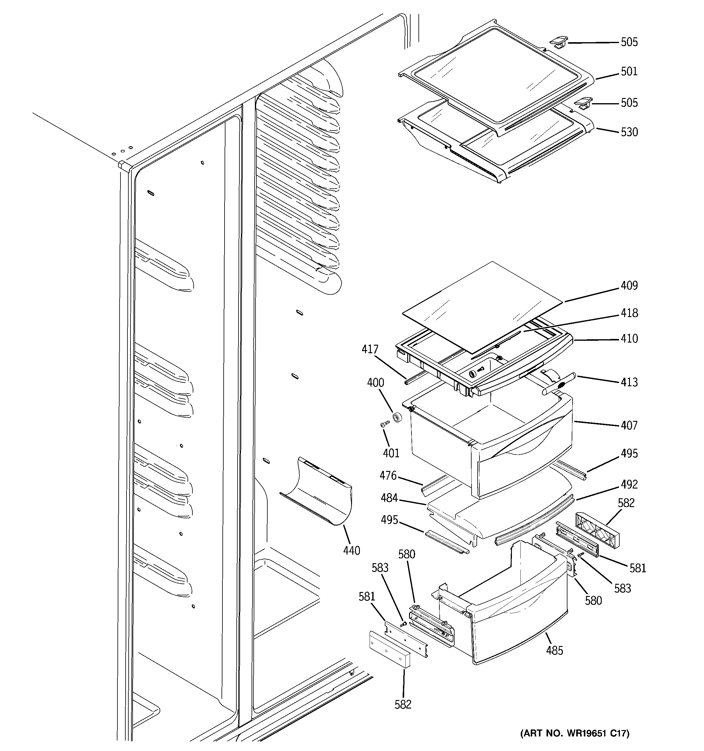 GE PCG23YESAFWW fresh food shelves diagram