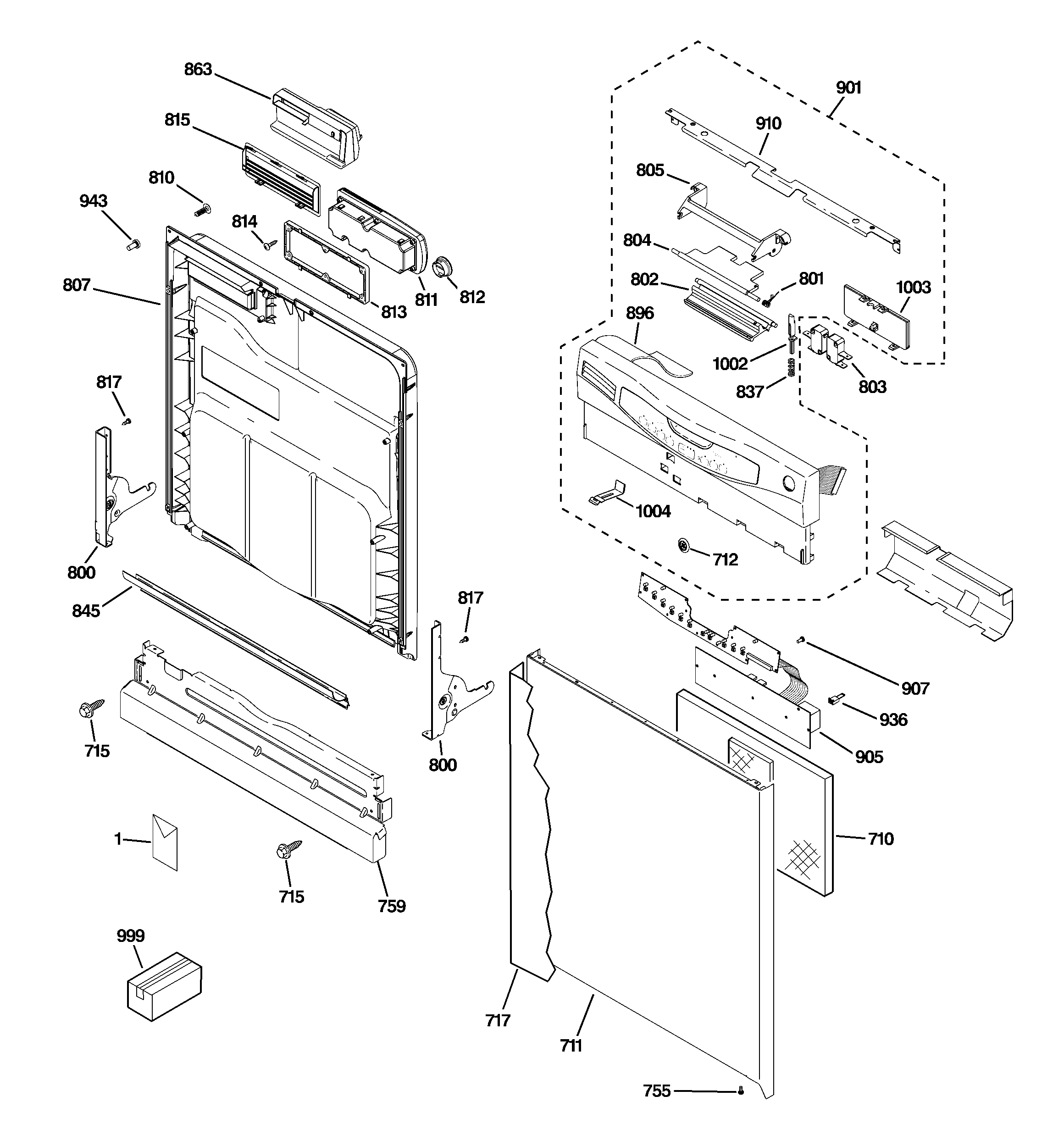GE GLD4408R10BB escutcheon & door assembly diagram