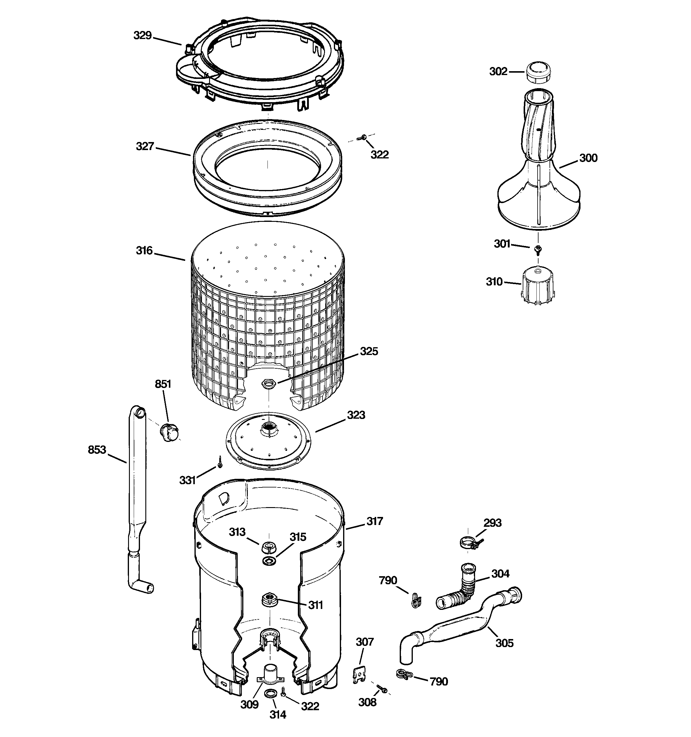 GE GTWP2005M0CC tub, basket & agitator diagram