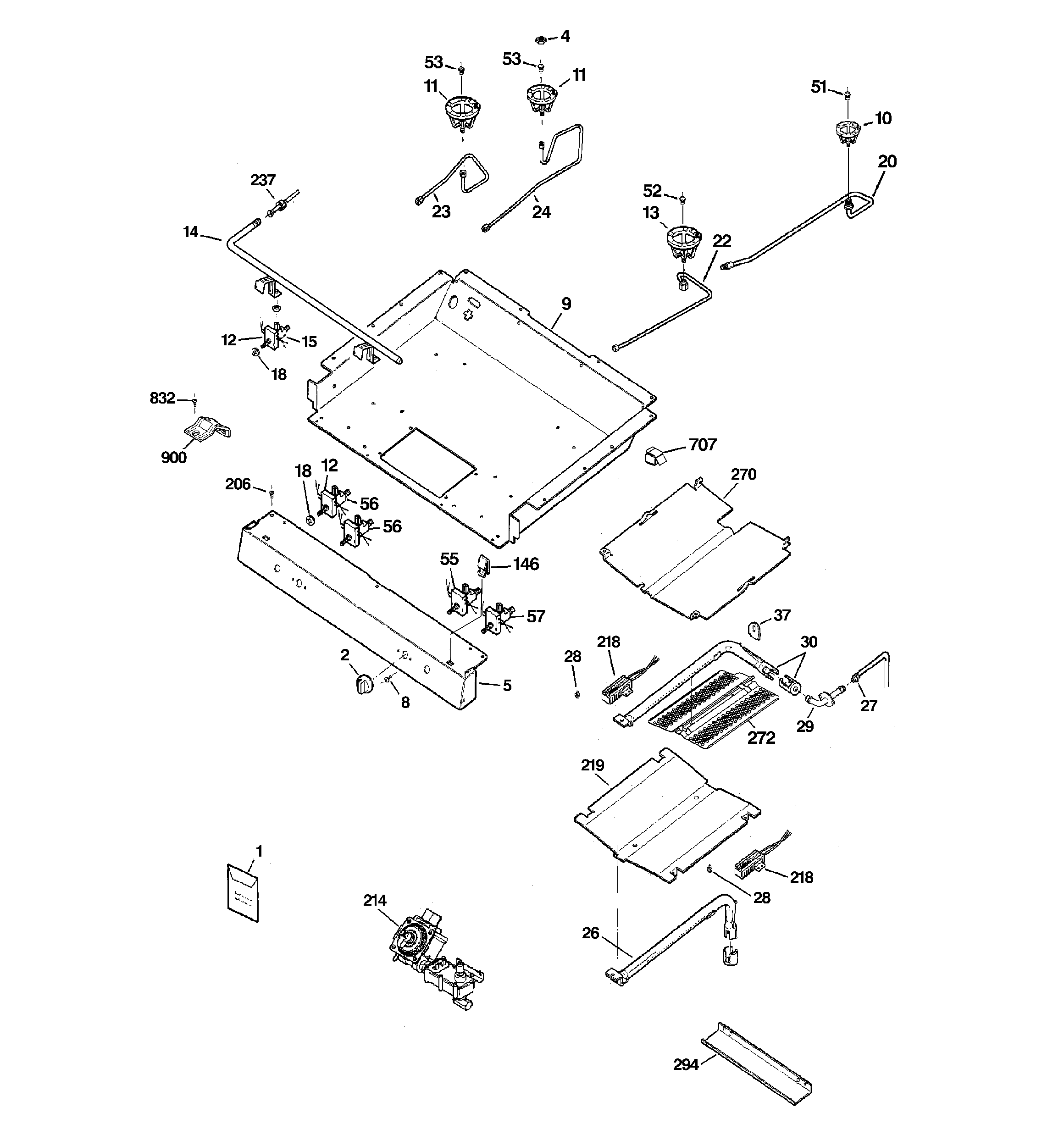 GE JGB250DET1WW gas & burner parts diagram