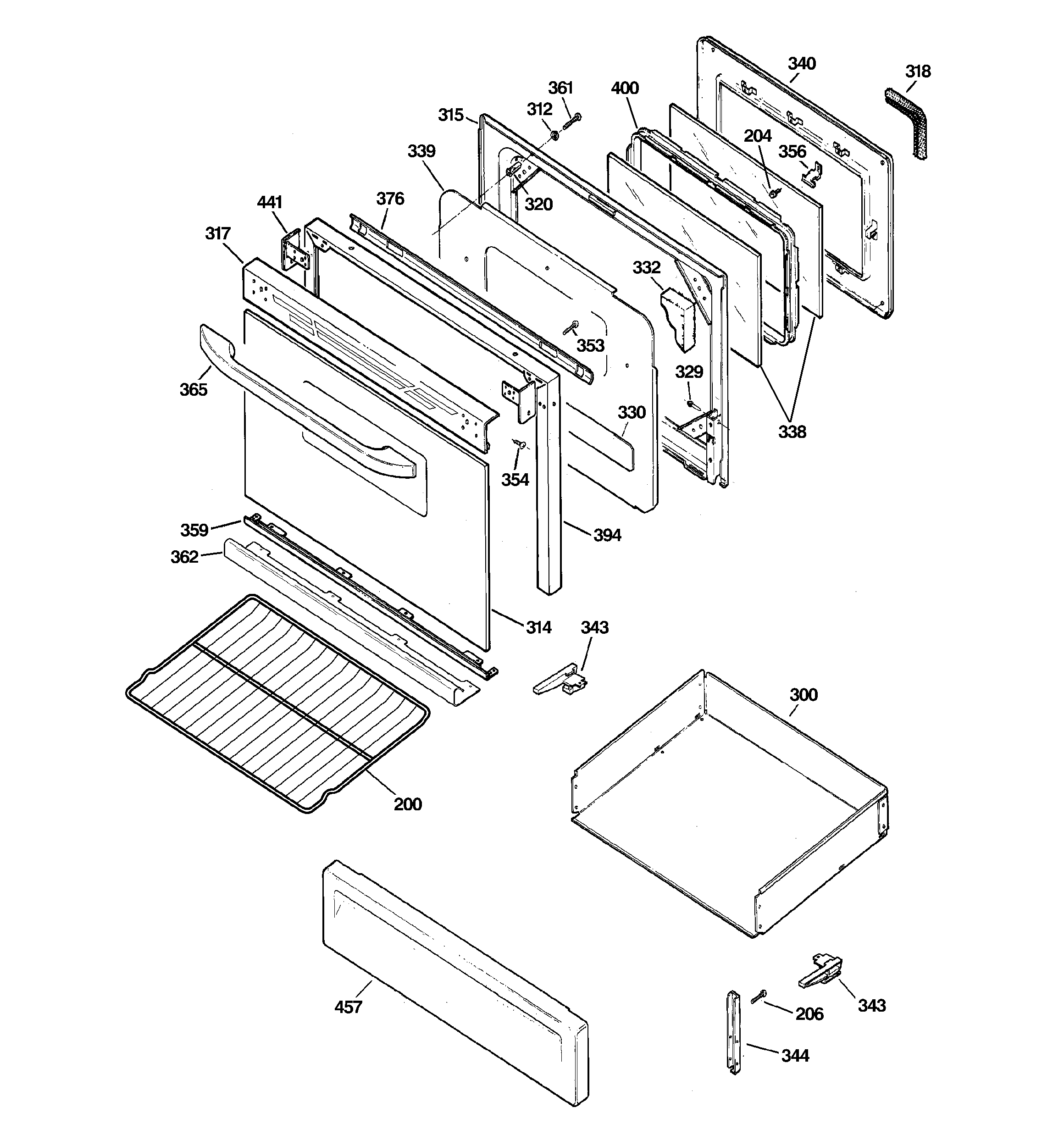 GE JGB250DET1WW door & drawer parts diagram
