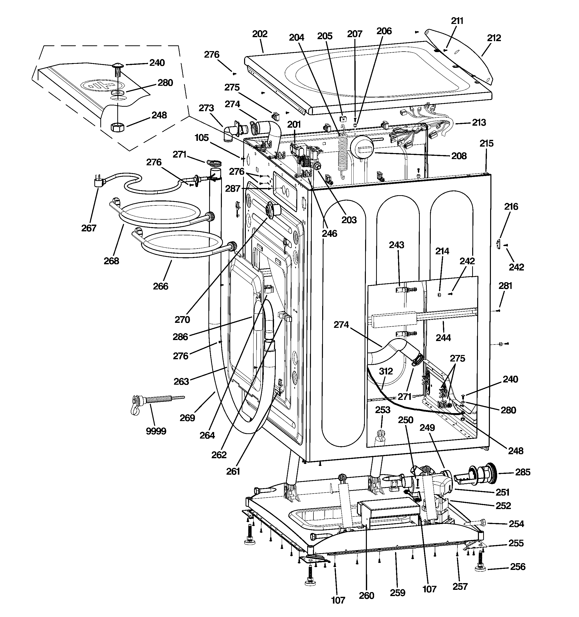 GE GFWN1100L2WW cabinet & top panel diagram