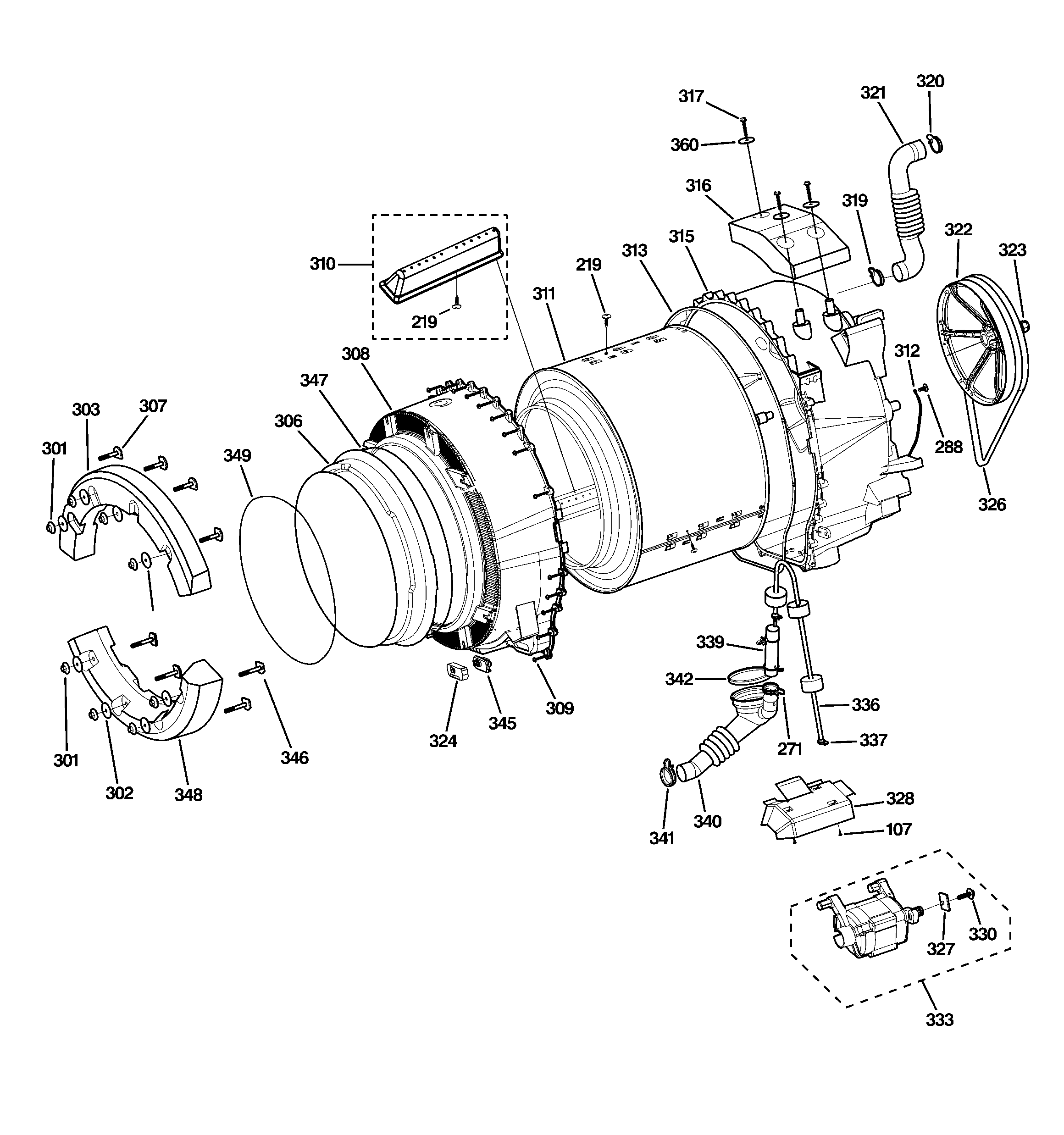 GE GFWN1100L2WW tub & motor diagram
