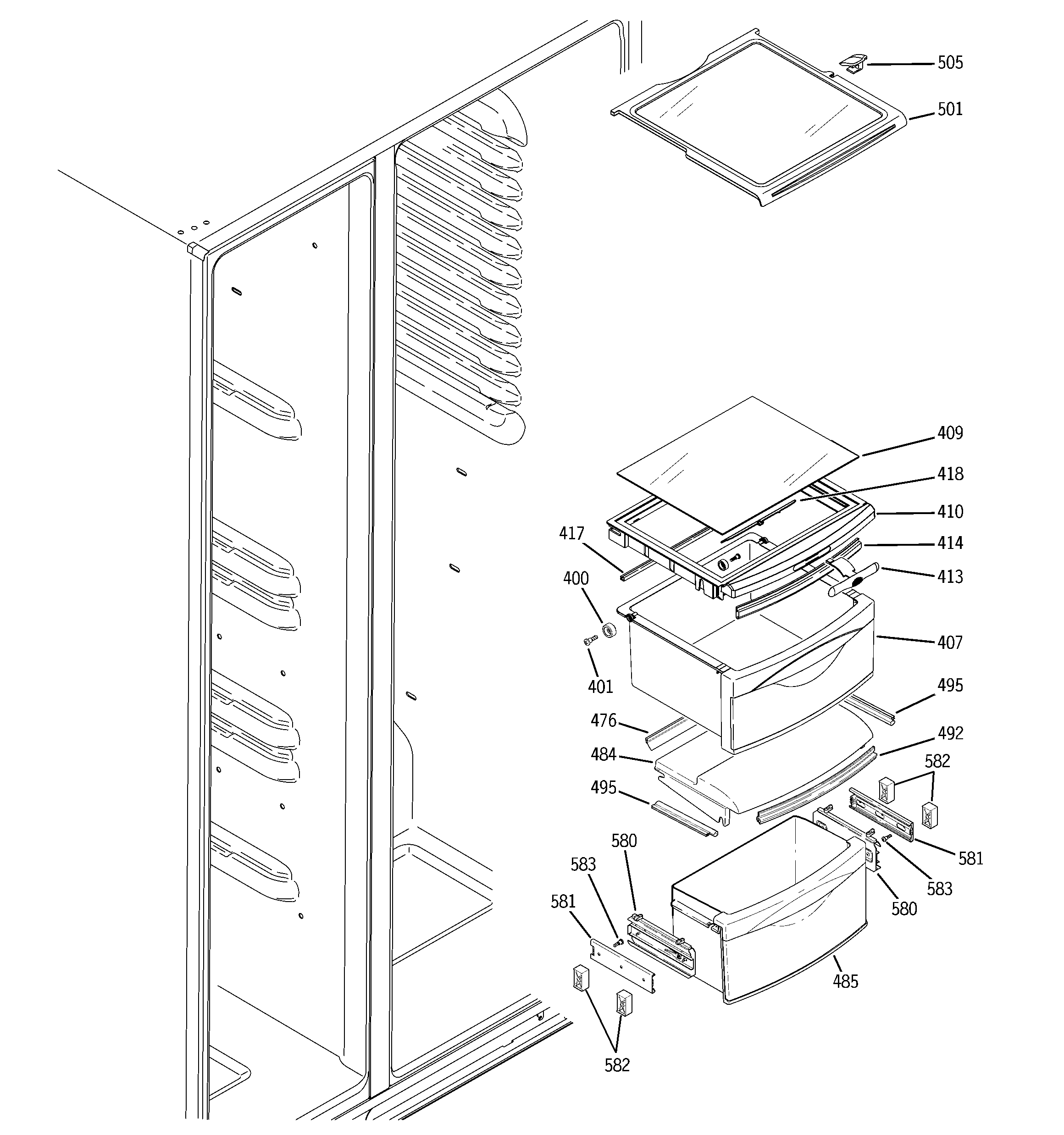 GE GCU23LGYCFSS fresh food shelves diagram