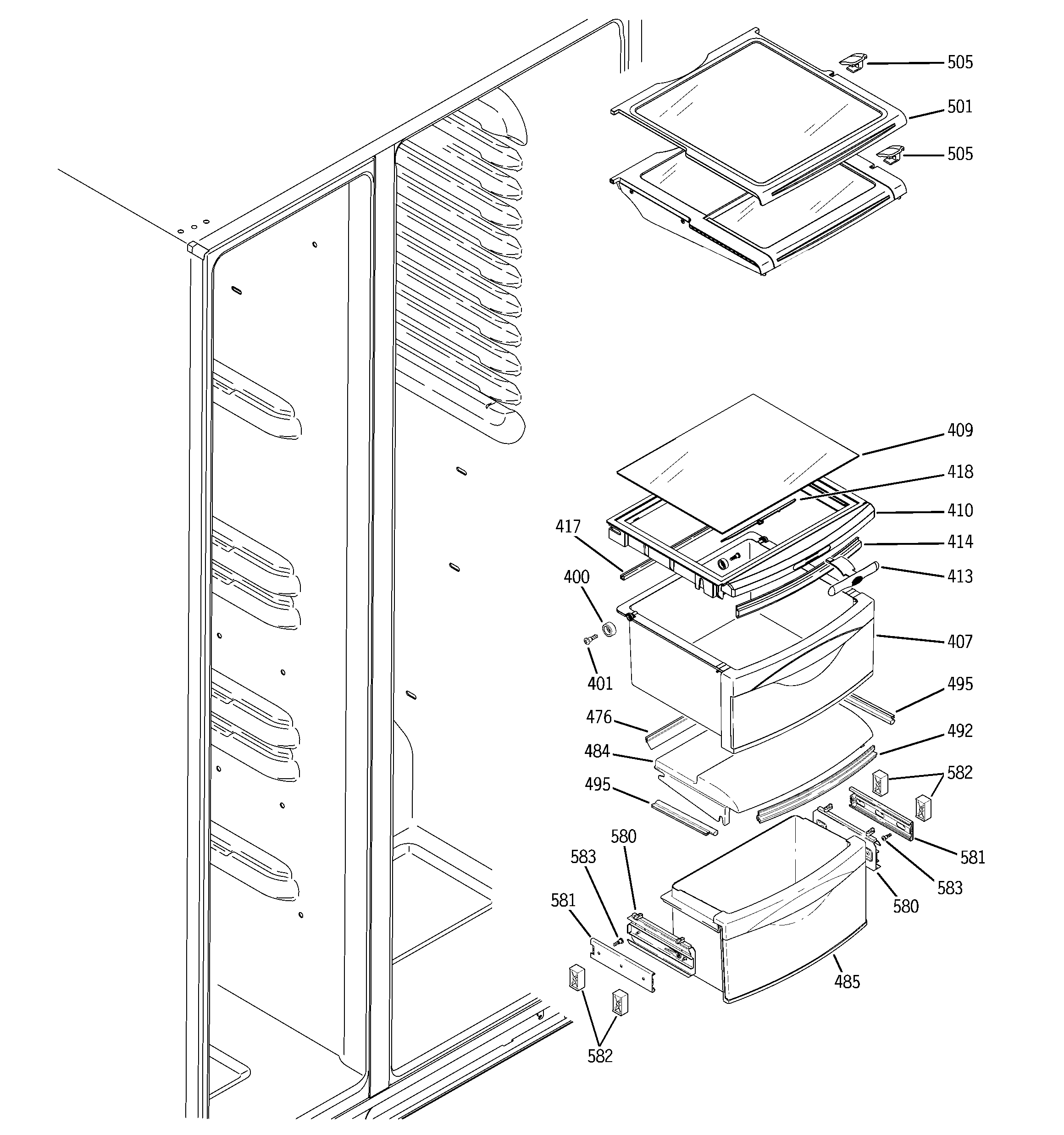 GE GWU23LGYCFSS fresh food shelves diagram