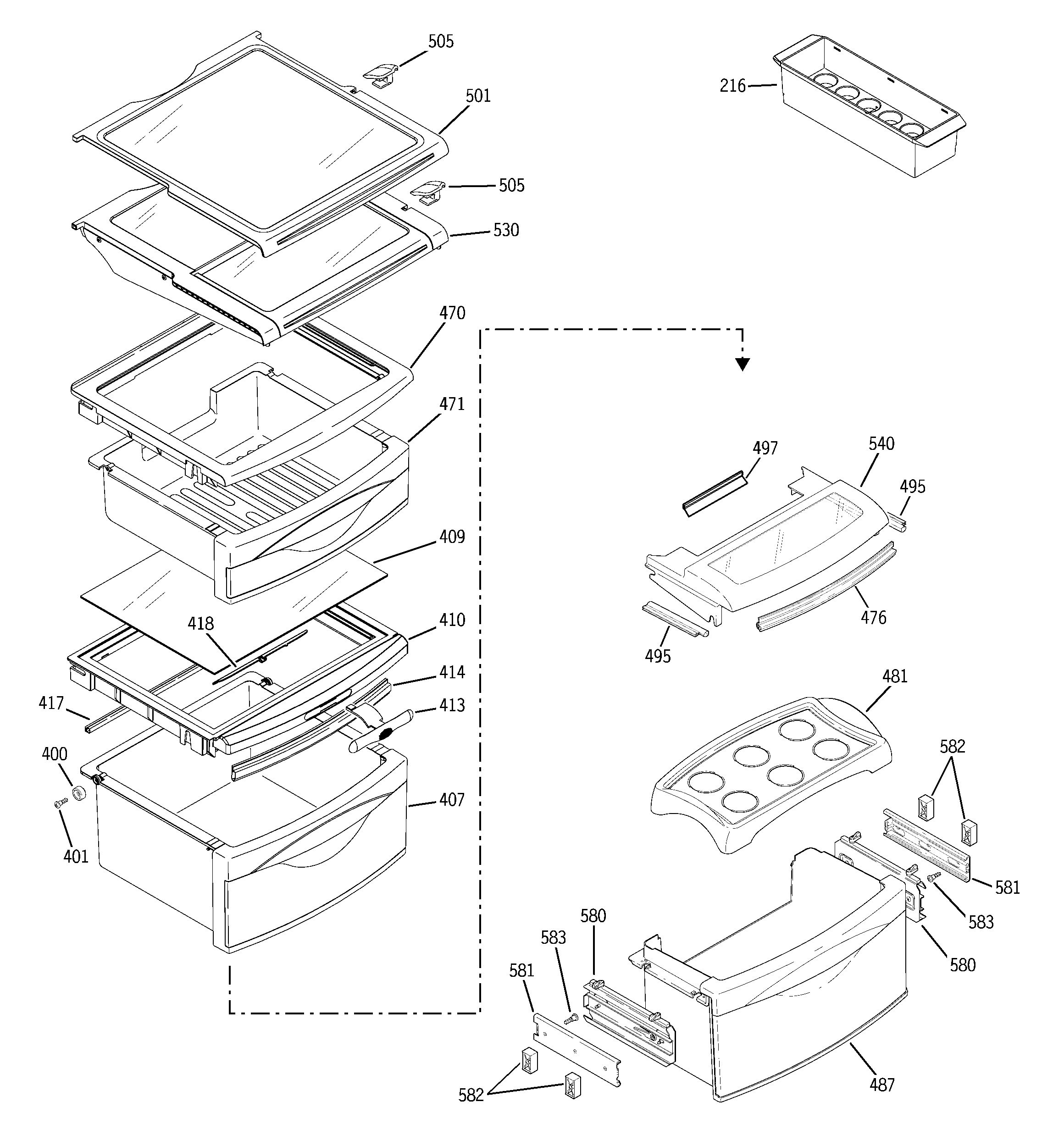 GE PCE23VGXEFSS fresh food shelves diagram