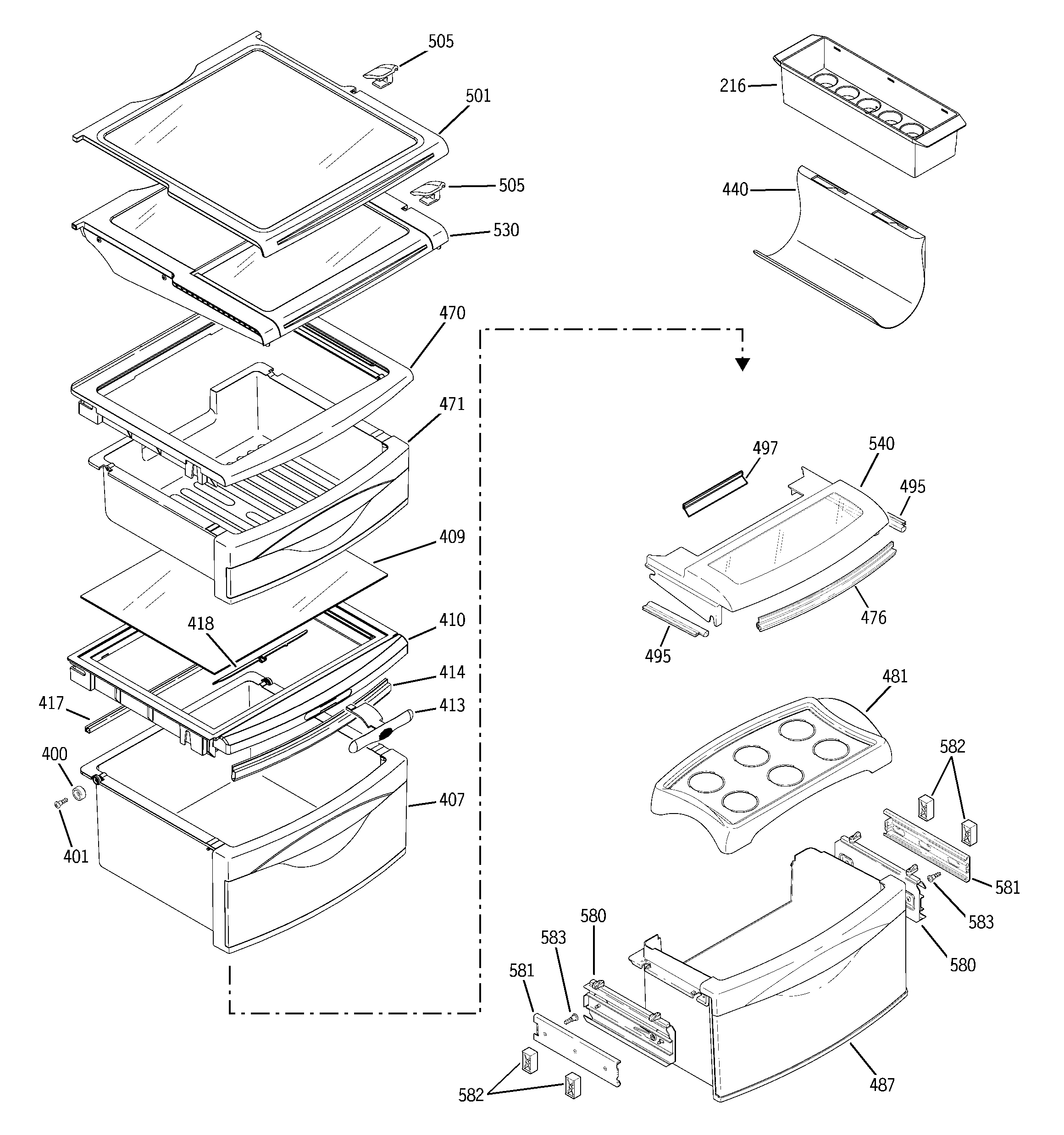 GE PCK23VHXEFCC fresh food shelves diagram