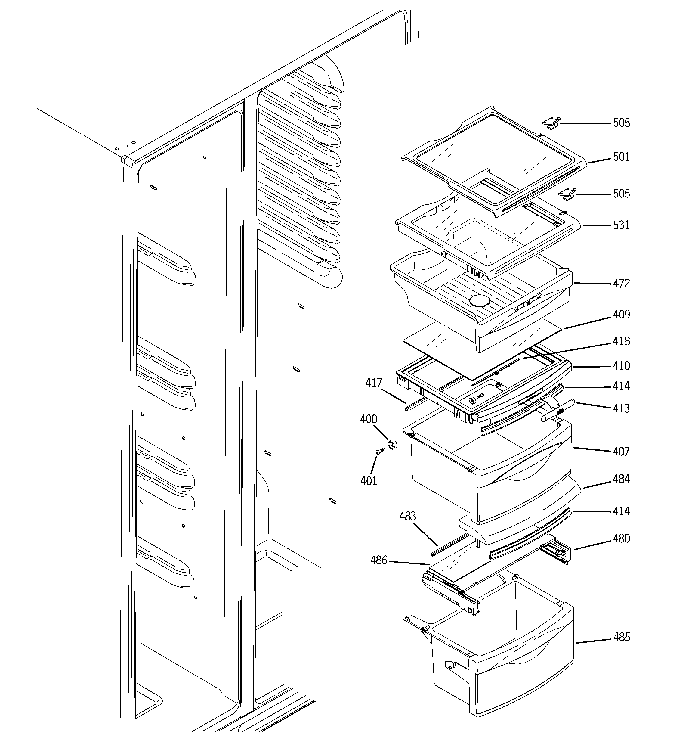 GE GSHS5KGXDCSS fresh food shelves diagram