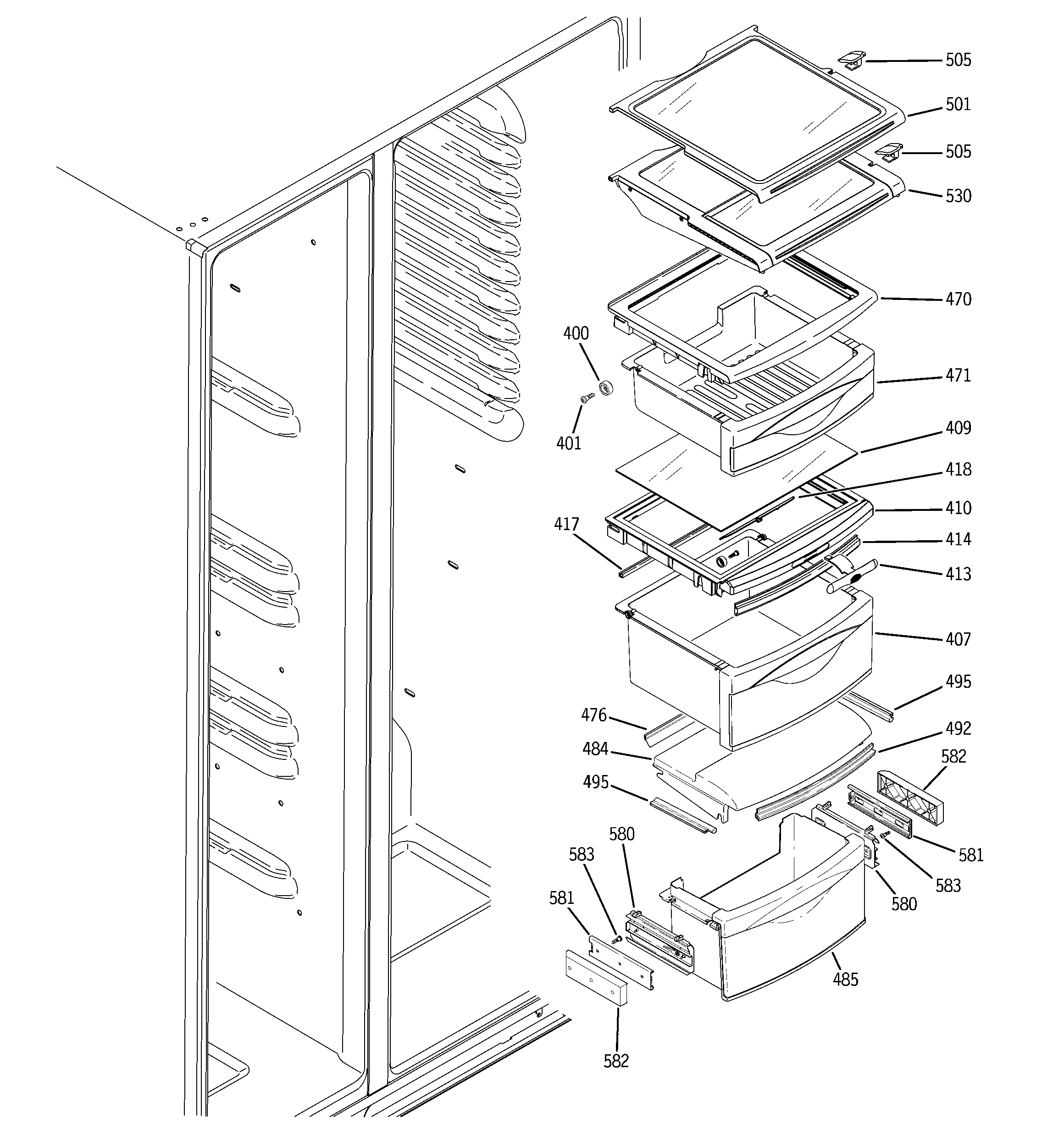 GE PSI23MGTABV fresh food shelves diagram