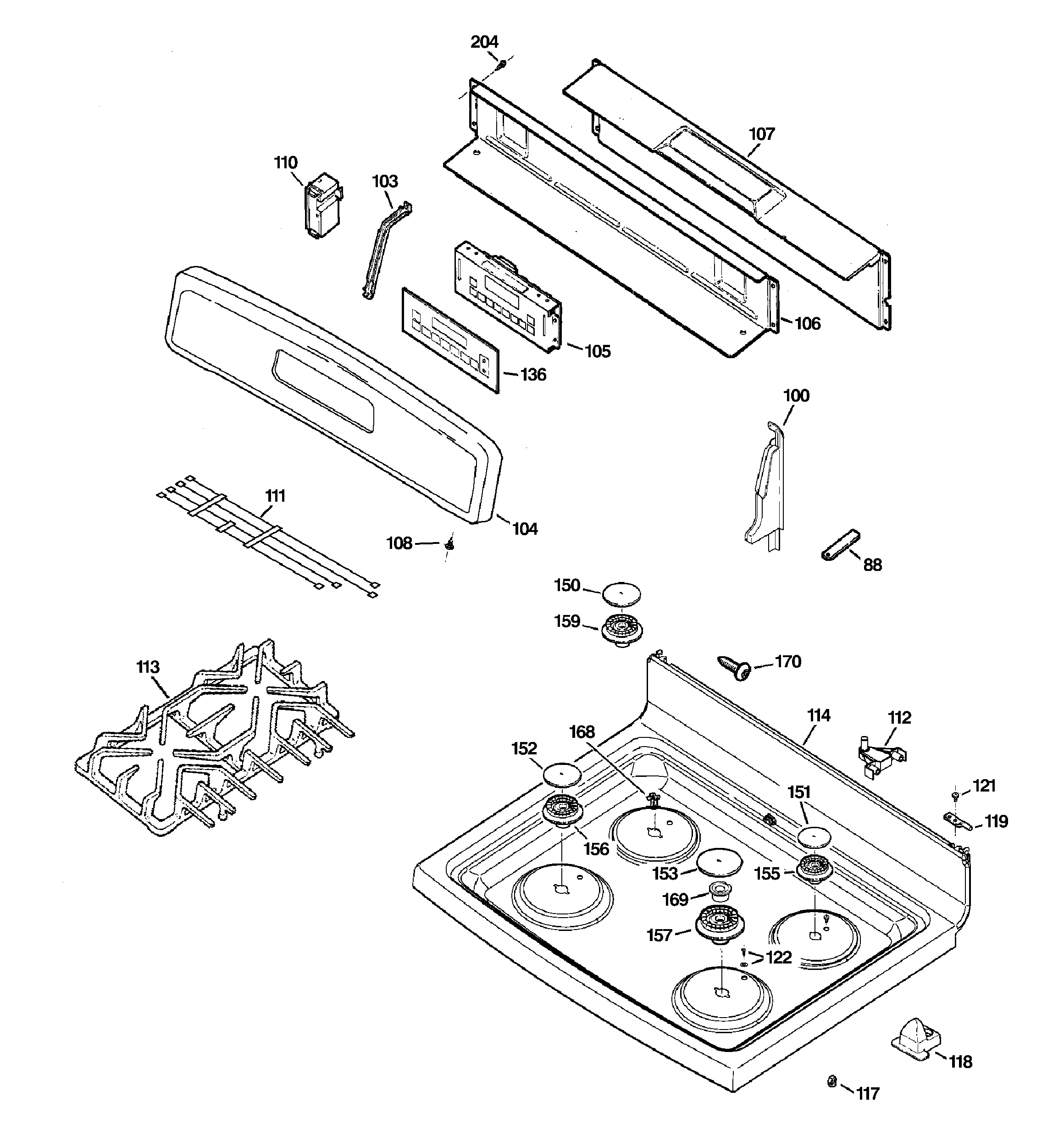 GE JGB281DER4CC control panel & cooktop diagram