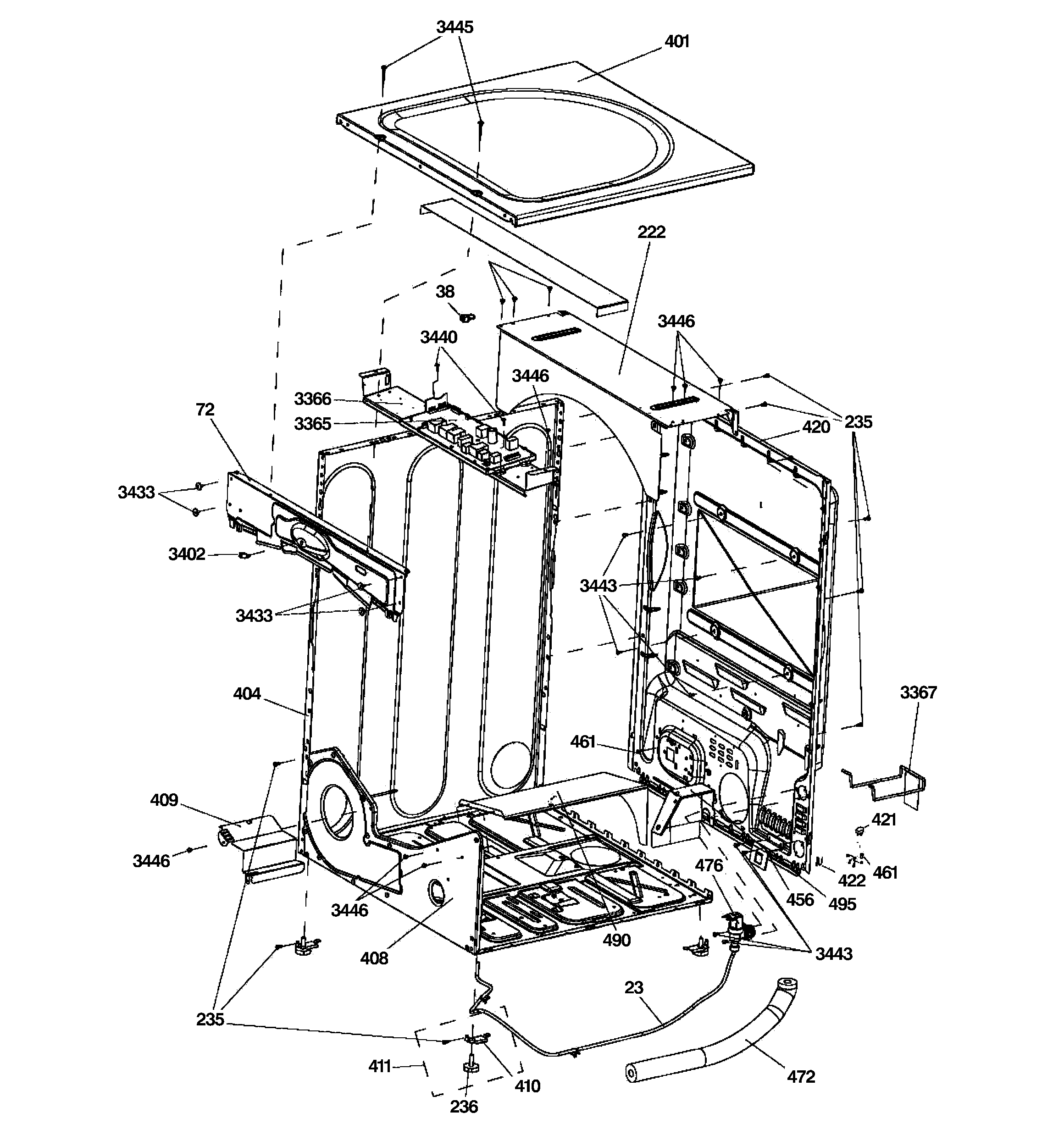 GE GFDS355GL0BB cabinet & top panel diagram