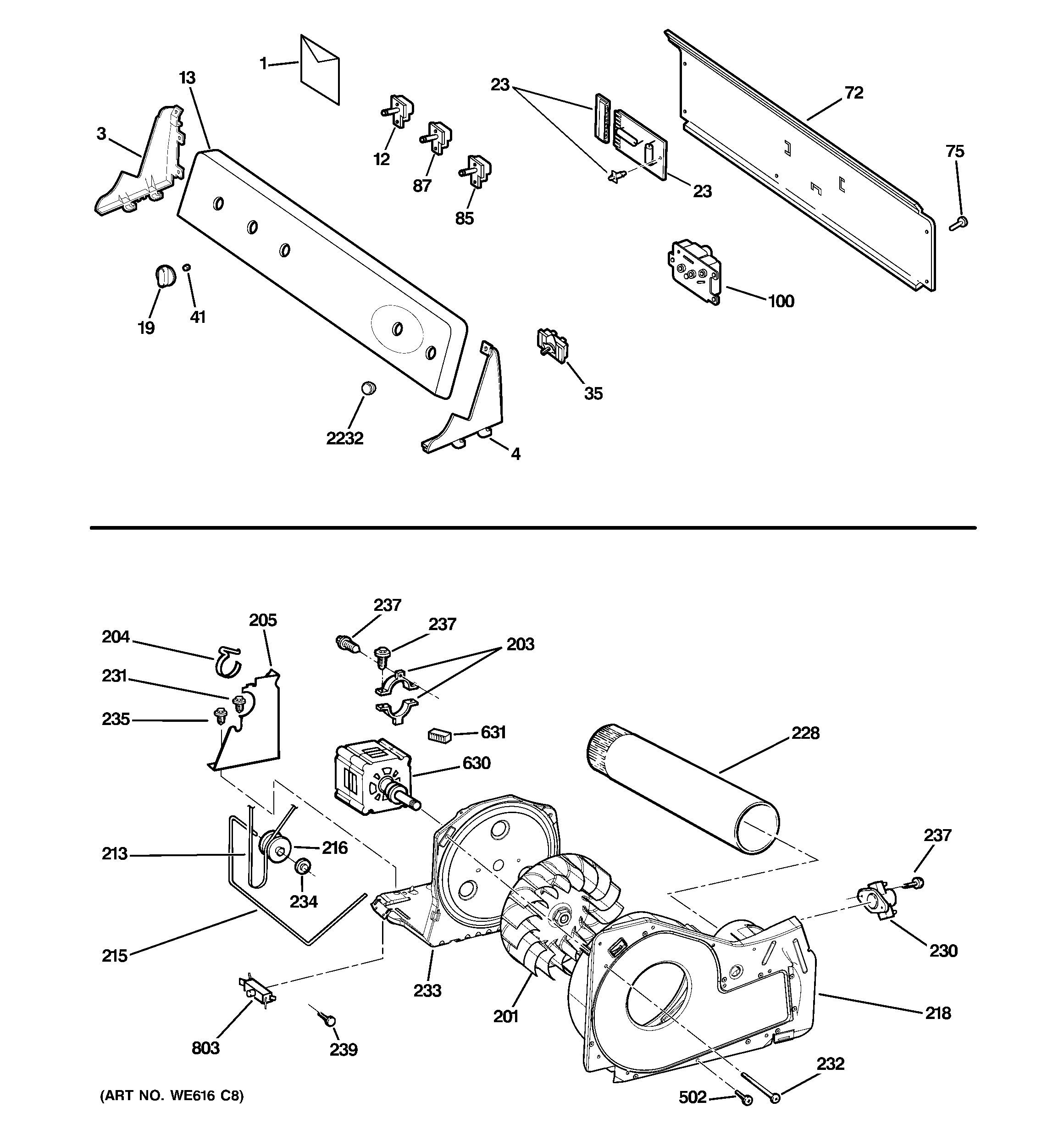 GE GTDN500GM1WS backsplash, blower & motor assembly diagram