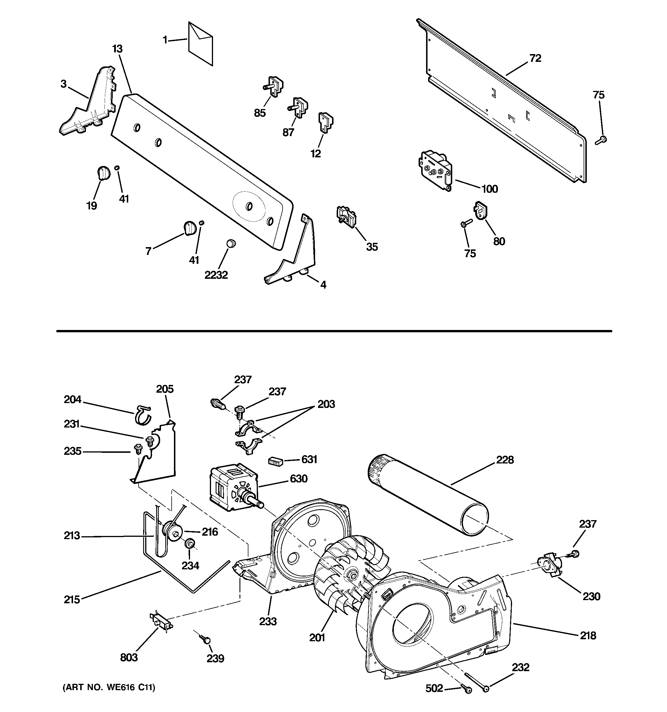 GE GTDP301EL1WS backsplash, blower & motor assembly diagram