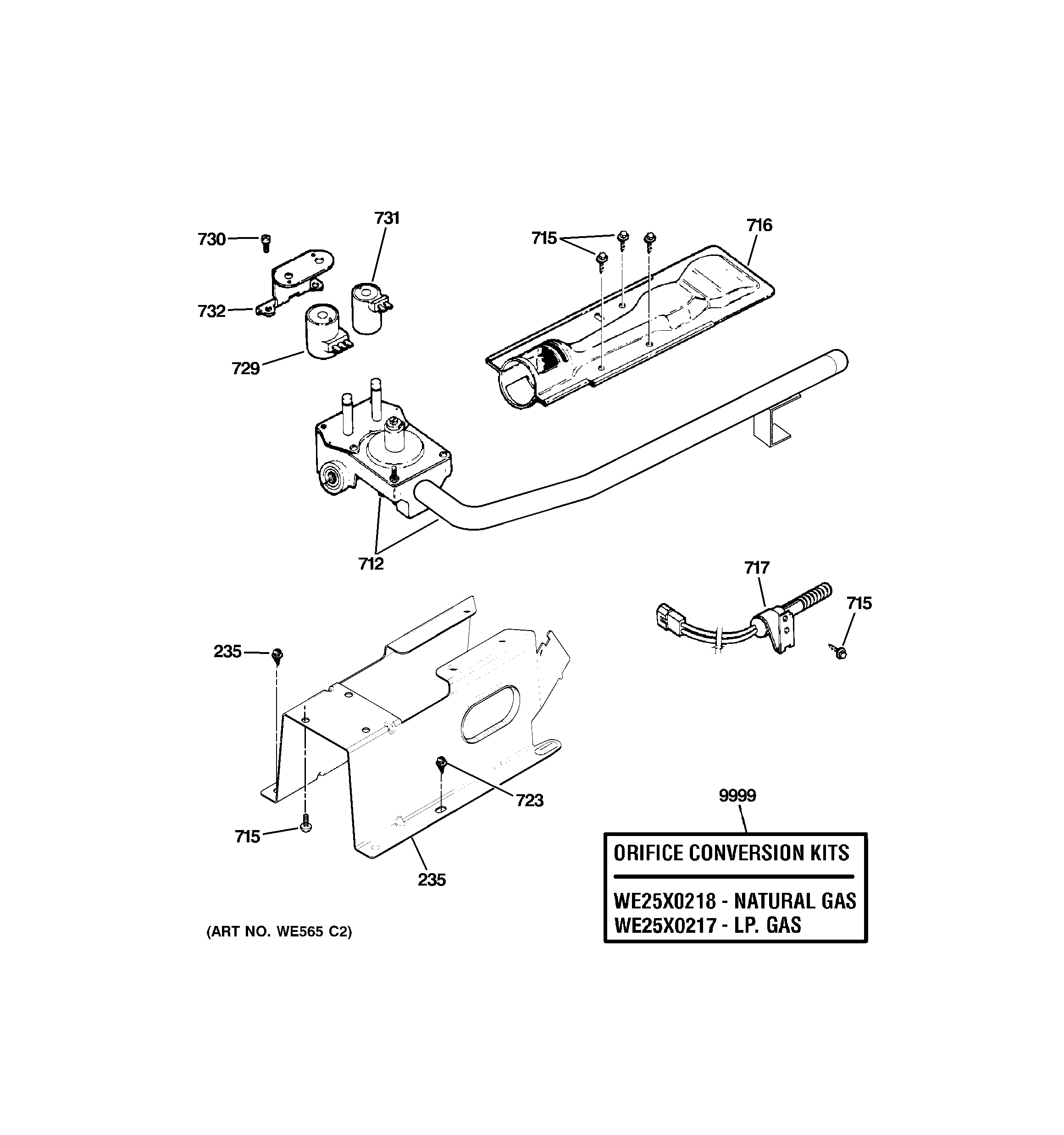GE GTDX200PM1WW gas valve & burner assembly diagram