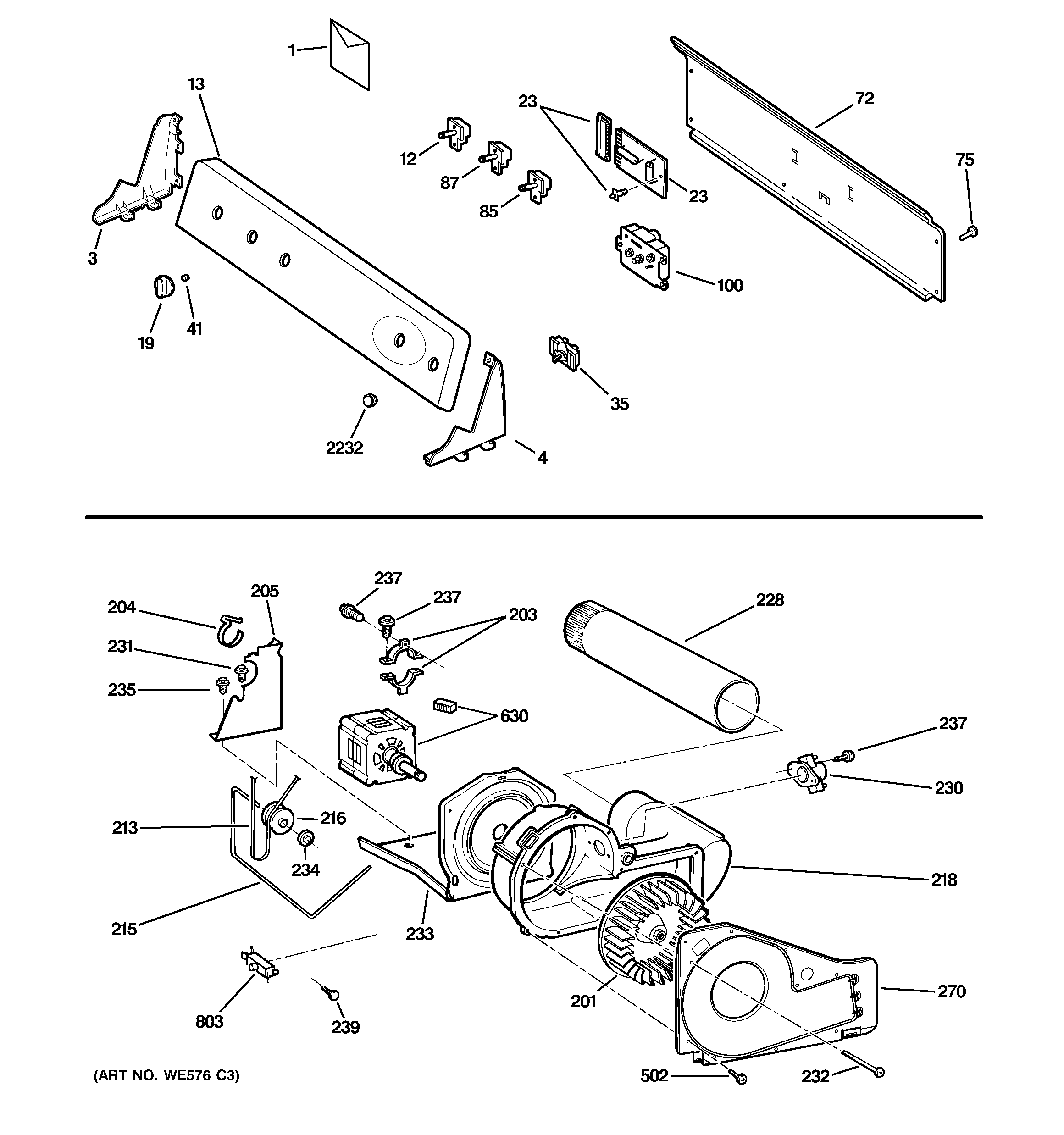 GE PTDN600EM0WT backsplash, blower & motor assembly diagram