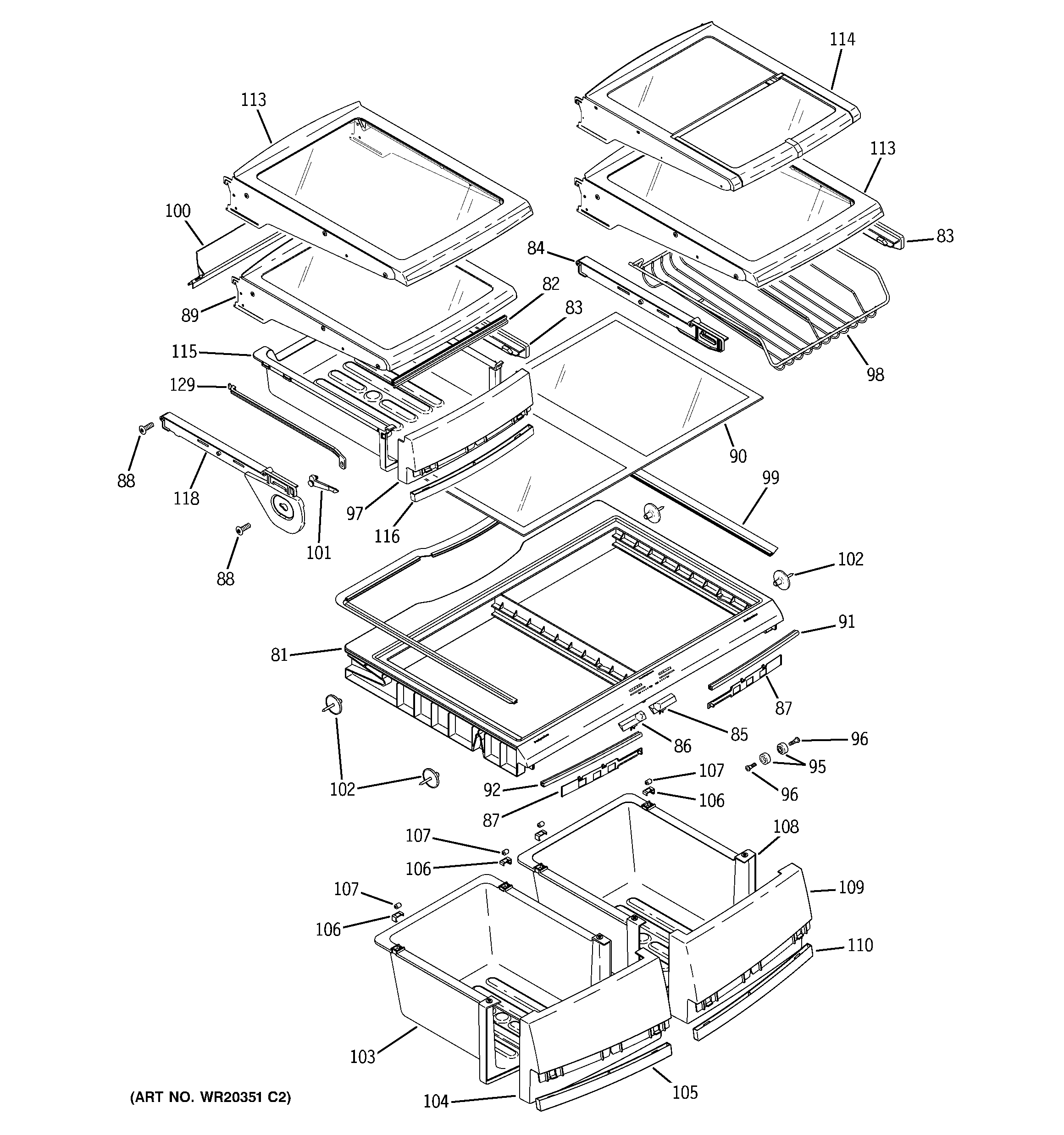 GE PFSF0MFZFWW fresh food shelves diagram