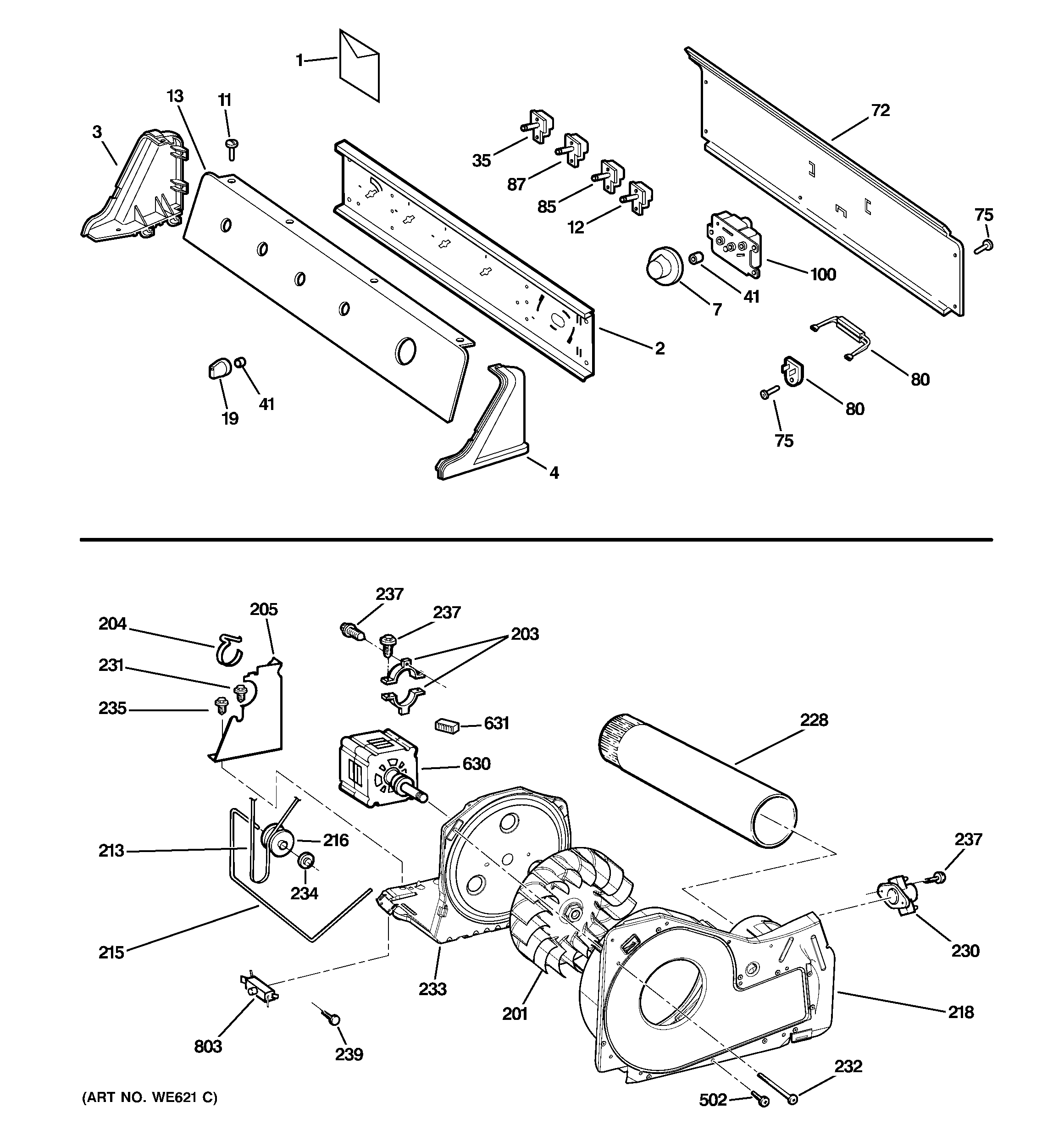 GE DISR473DGAWW backsplash, blower & motor assembly diagram