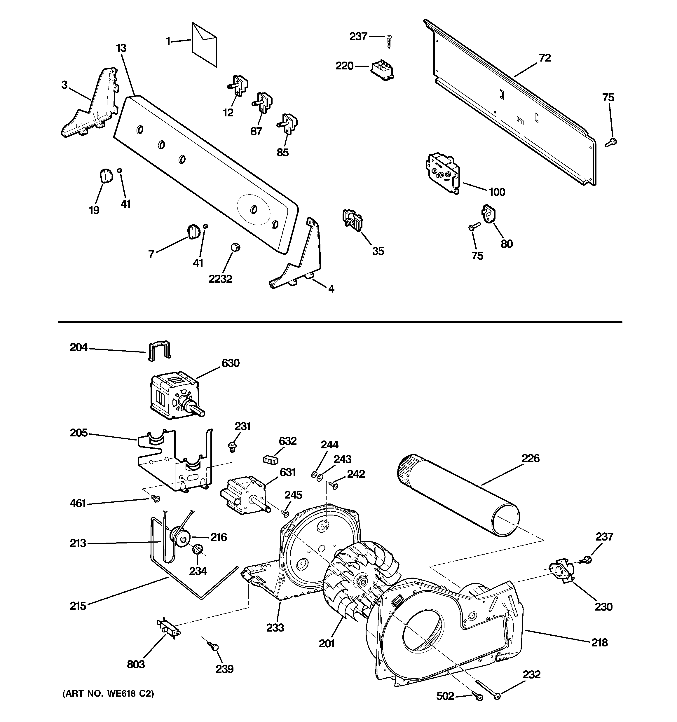 GE GTDL310EM1WS backsplash, blower & motor assembly diagram