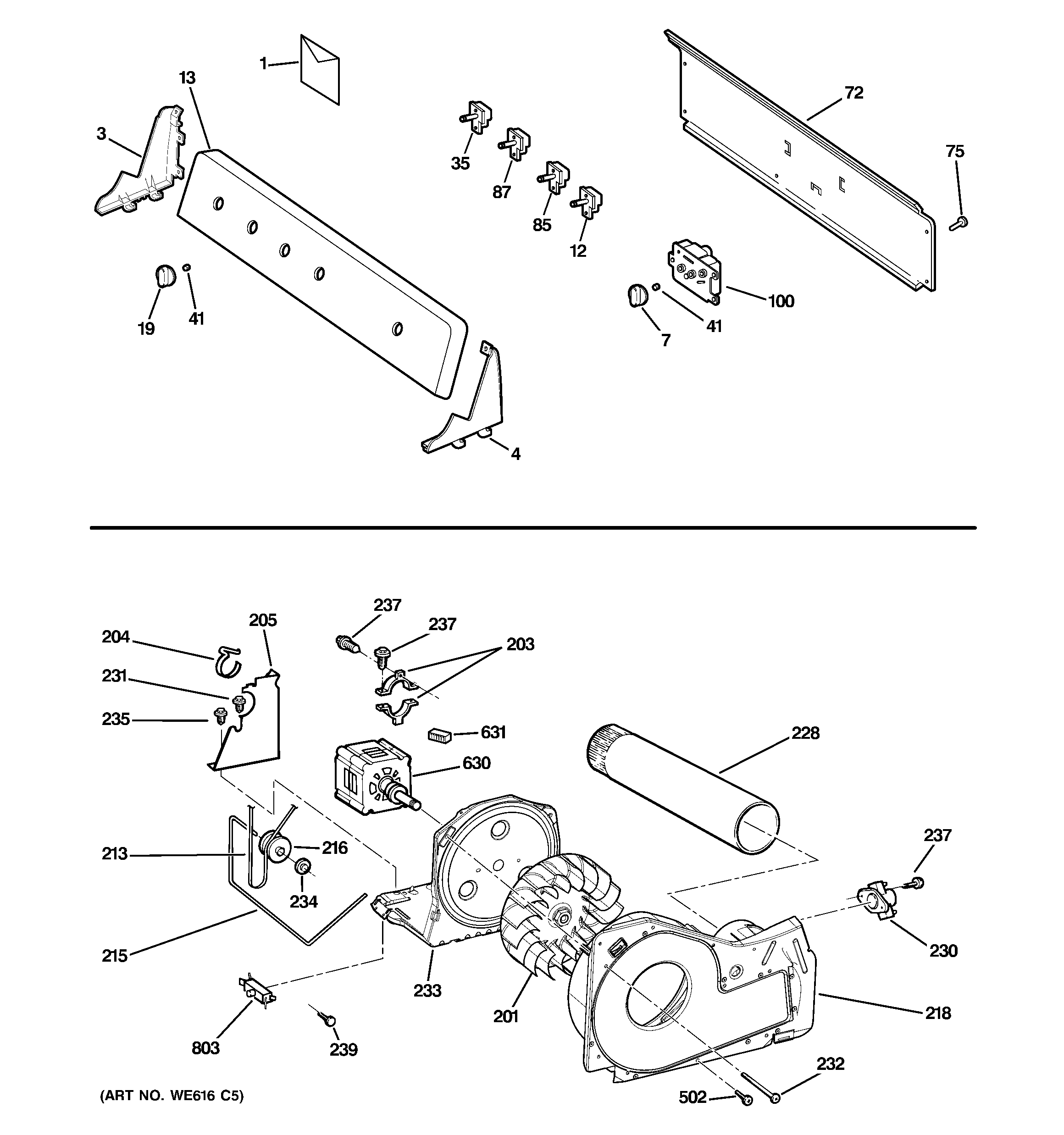 GE GTDP250GM1WW backsplash, blower & motor assembly diagram