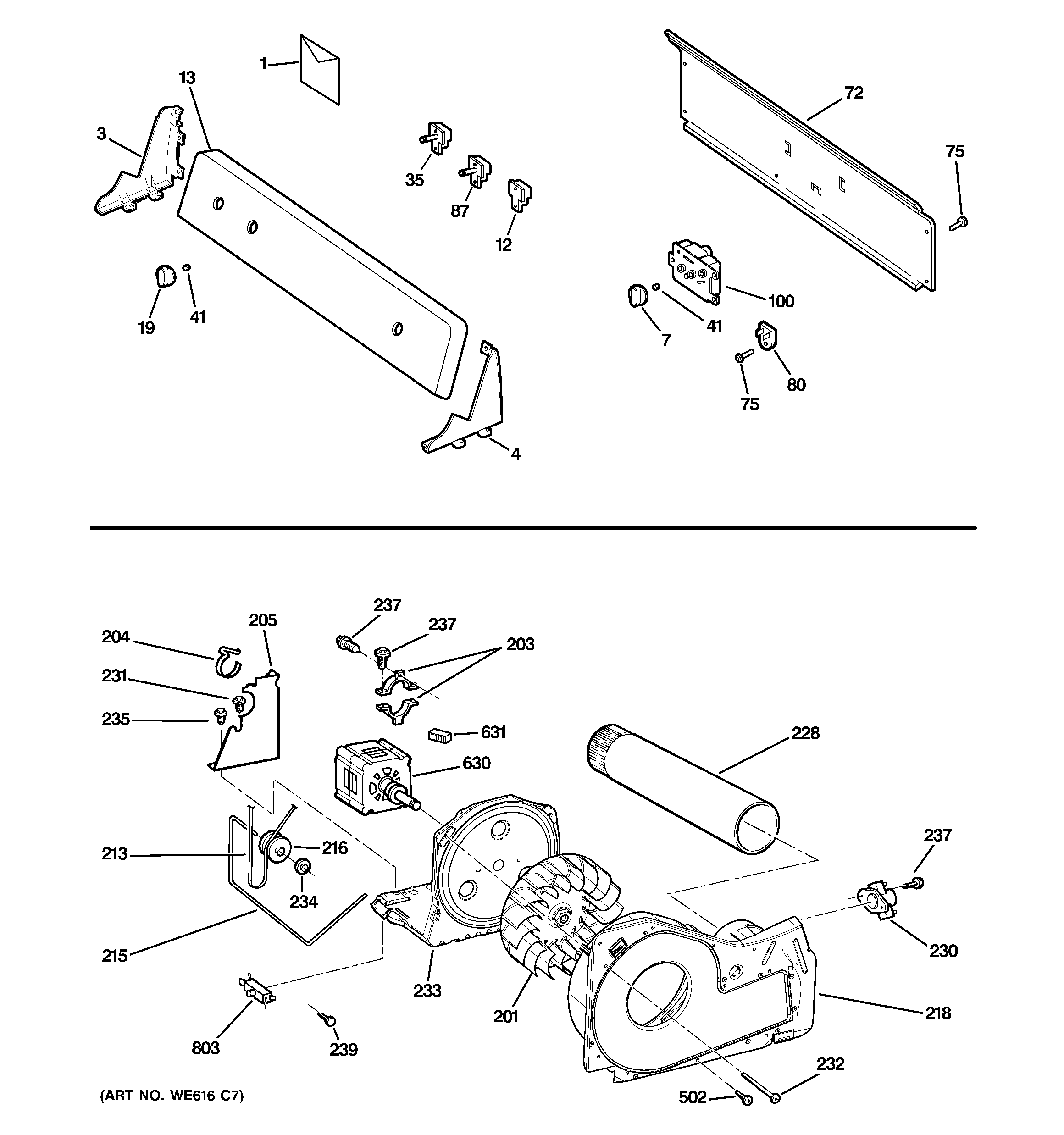 GE GTDX205EM1CC backsplash, blower & motor assembly diagram
