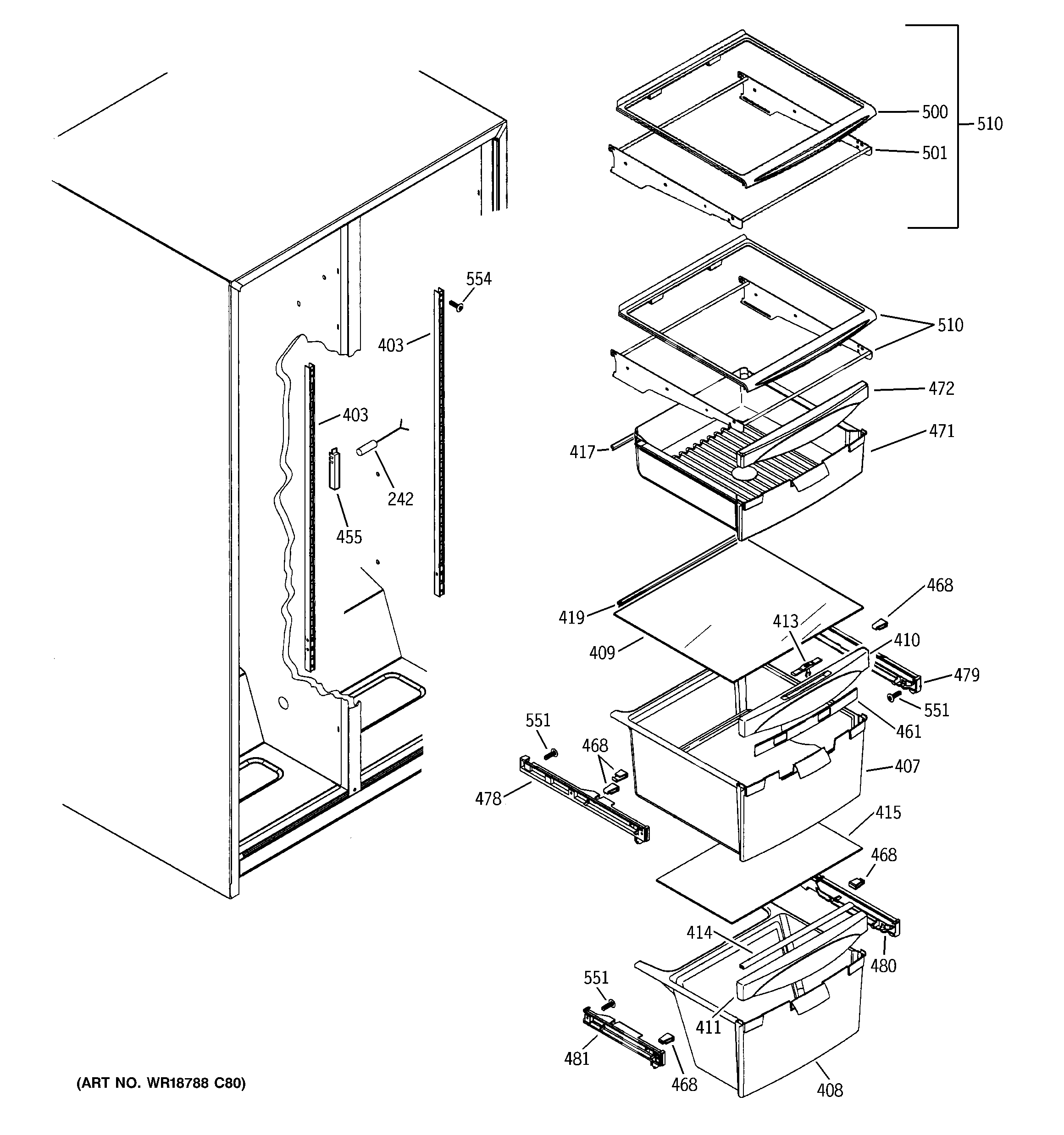 GE GSQ25JSBBSS fresh food shelves diagram