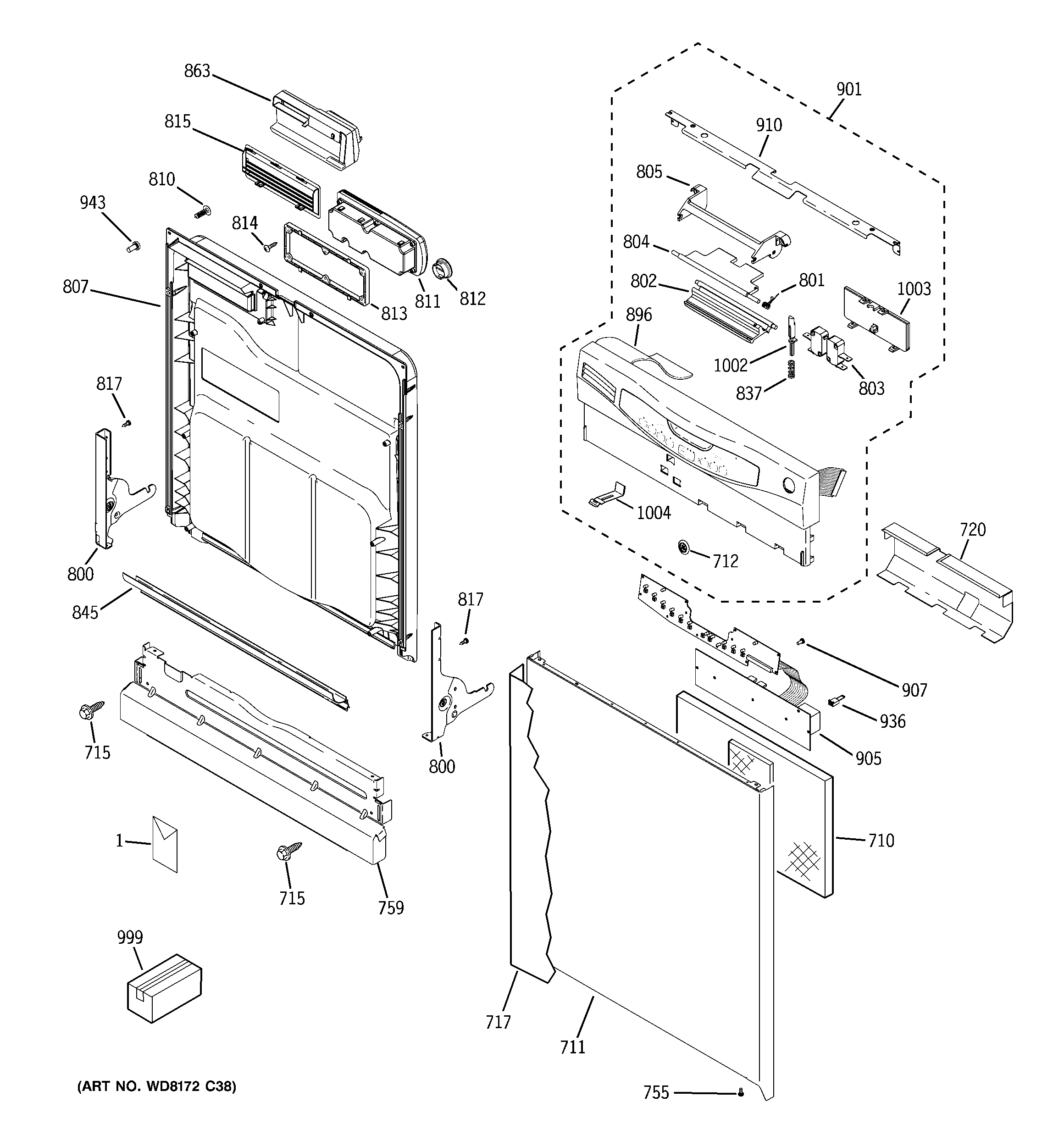 GE GLD5750N00CS escutcheon & door assembly diagram