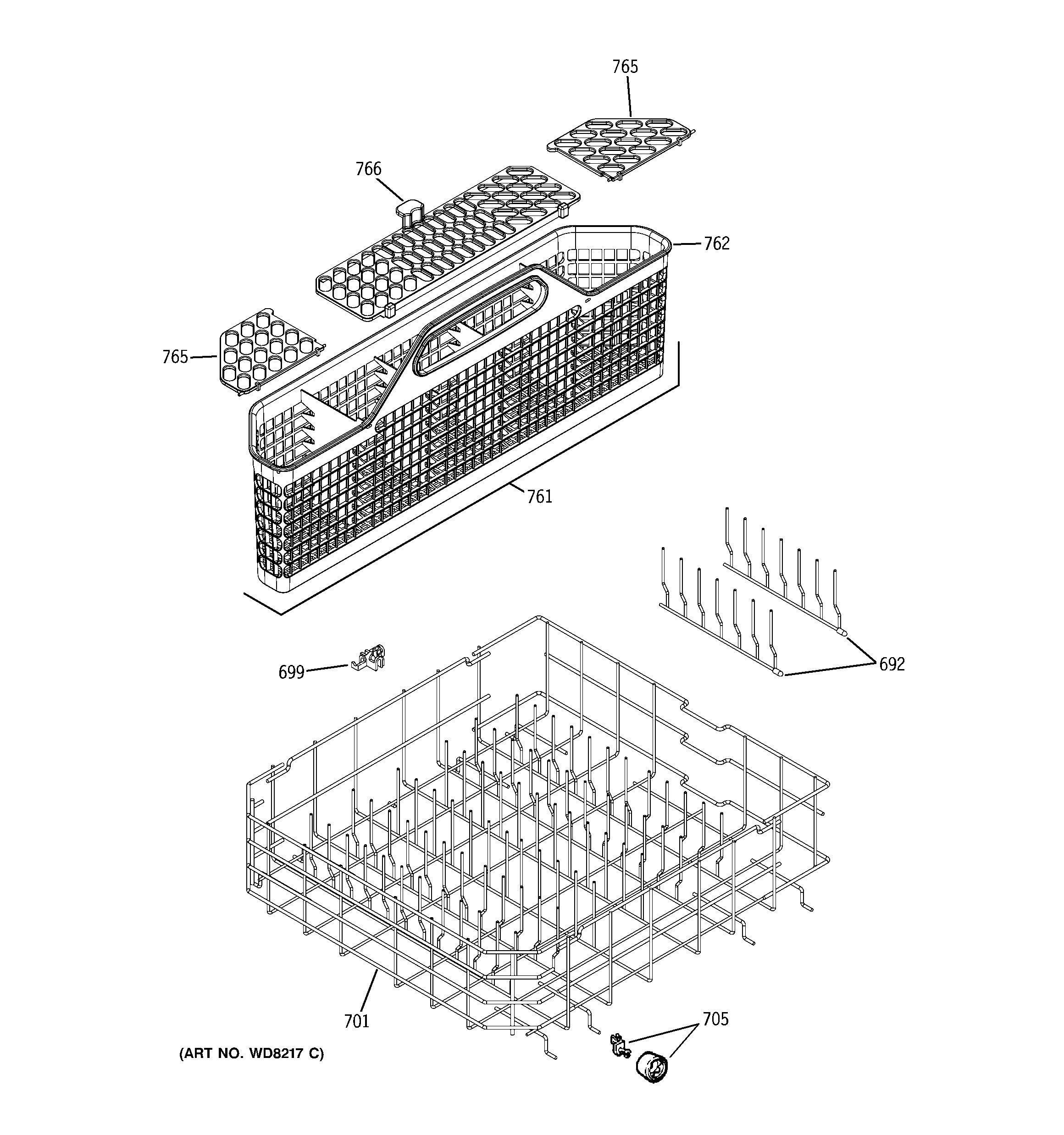 GE GLD5750N00CS lower rack assebmly diagram