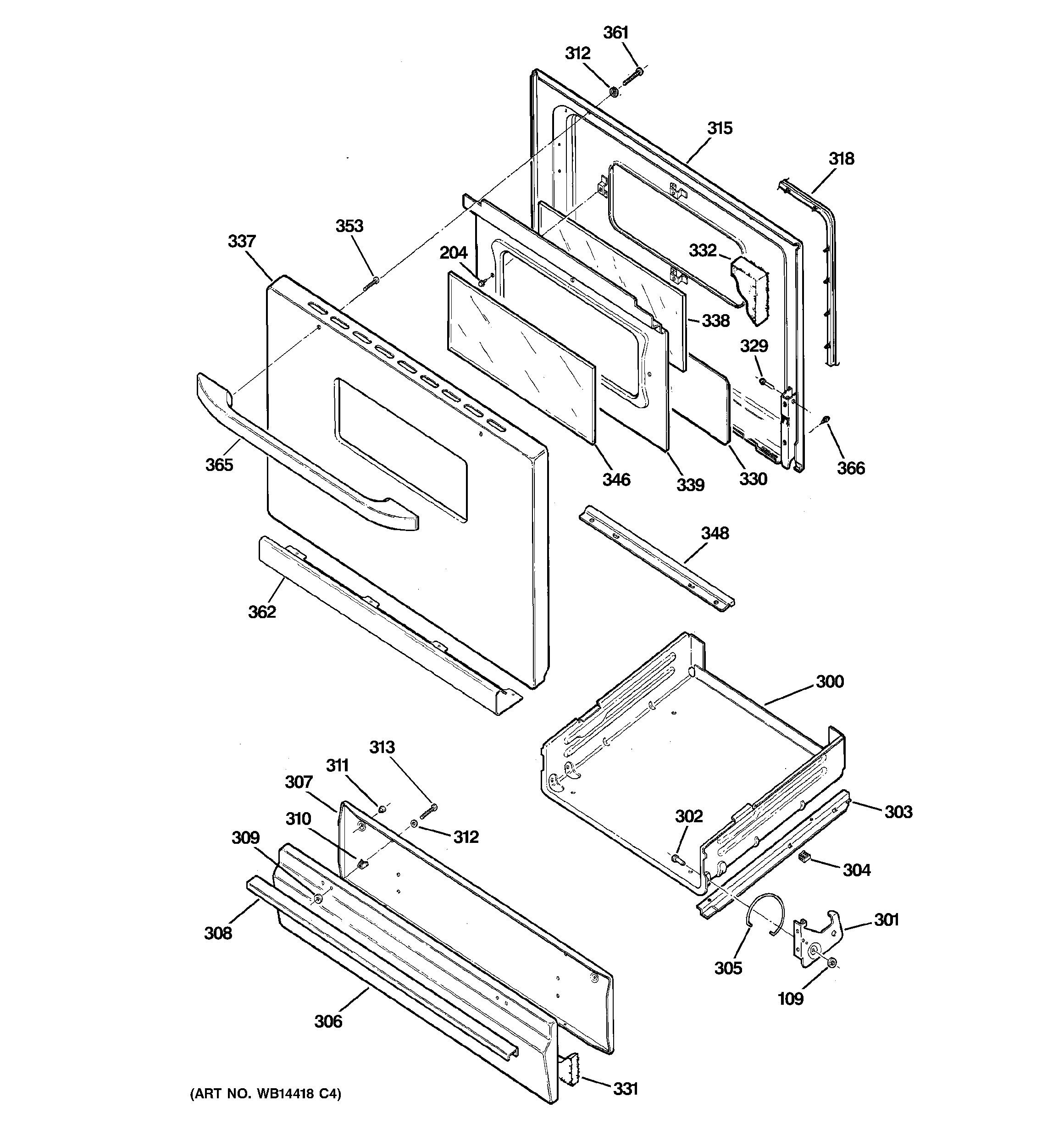 Hotpoint RGB526DET1WW door & drawer parts diagram