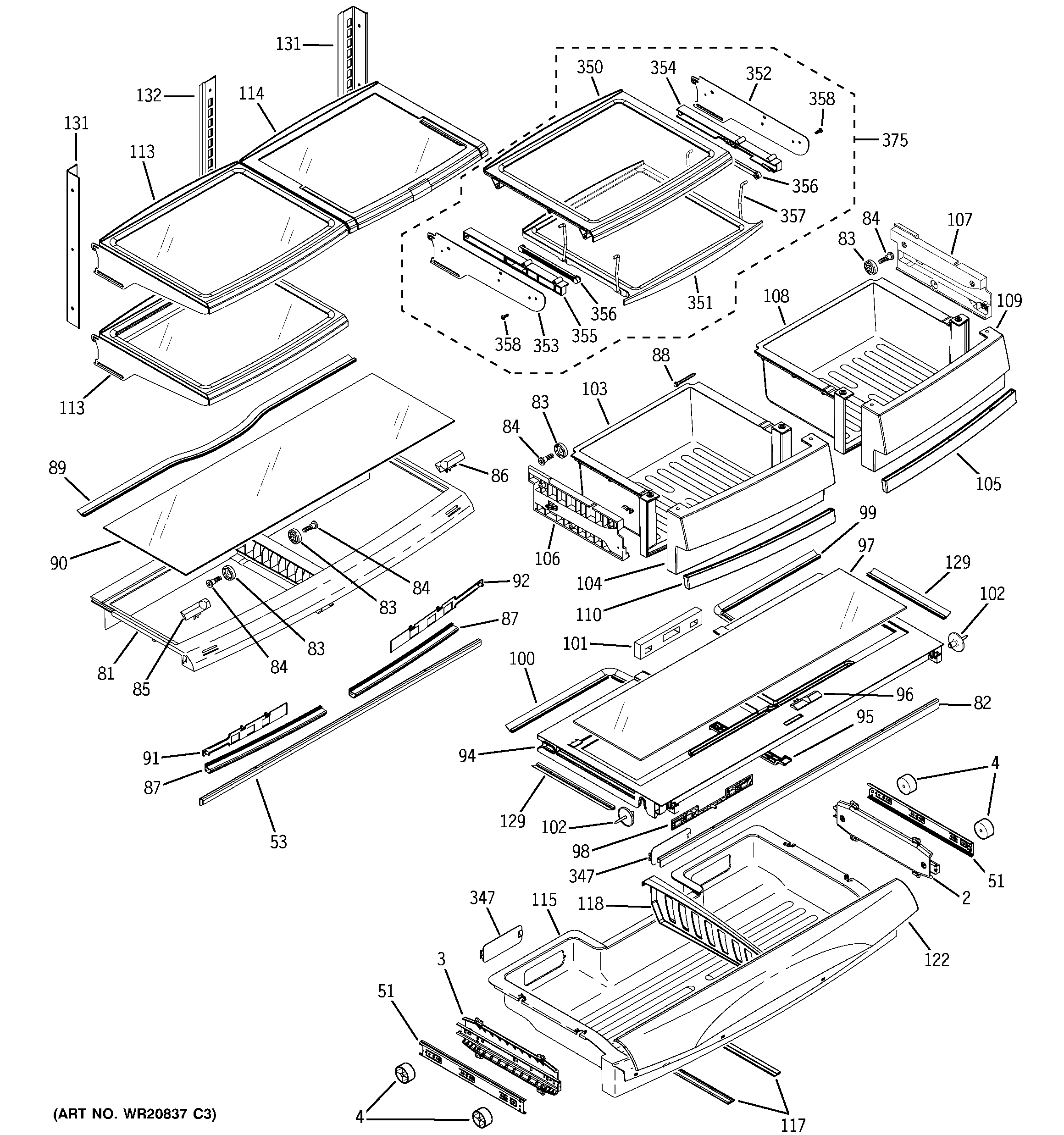 GE PFCF1RKZAWW fresh food shelves diagram