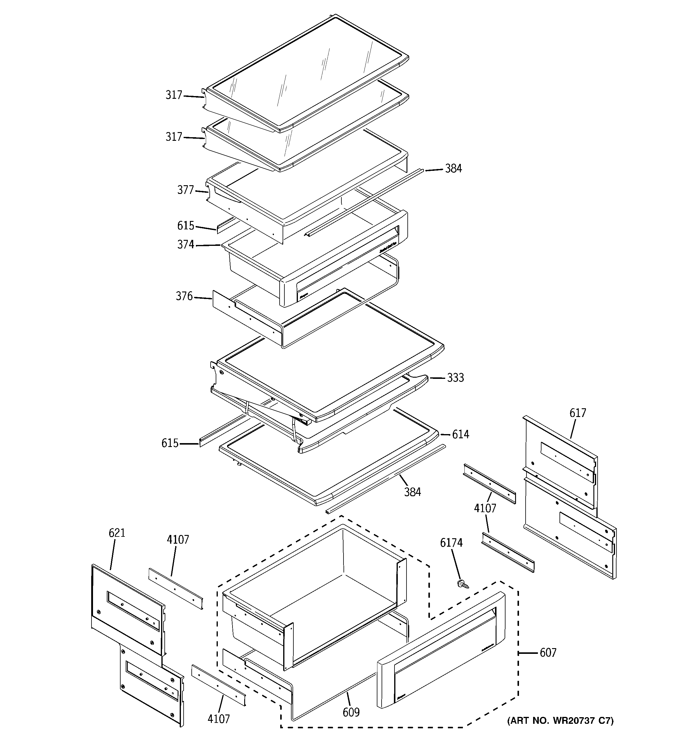 GE ZISS480NXBSS fresh food shelves diagram