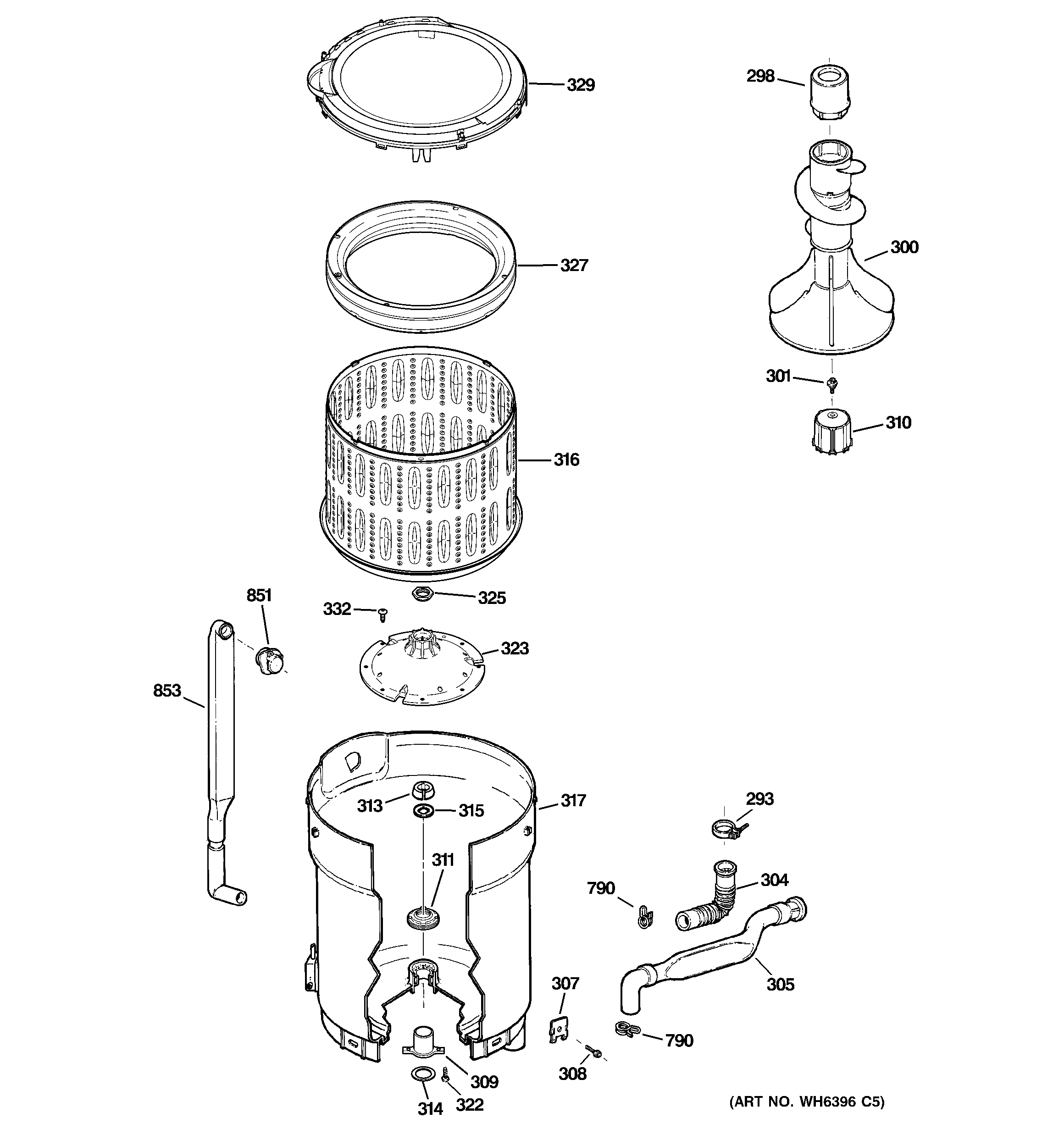 GE GTAP2000M1WW tub, basket & agitator diagram