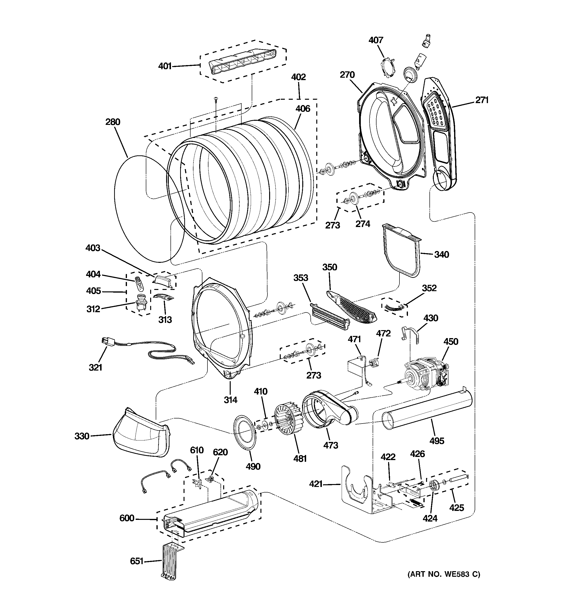 GE PTDN800EM0WW drum, blower & motor diagram