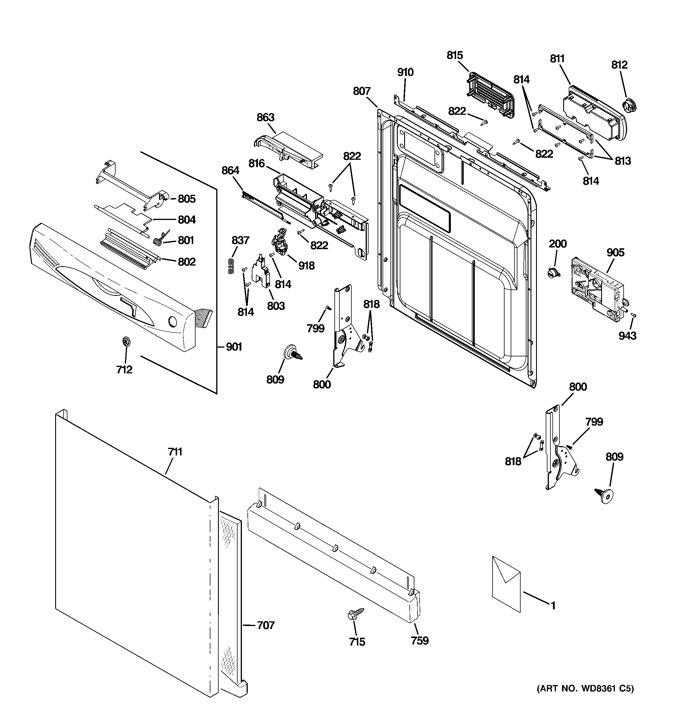 GE GDWF100V50BB escutcheon & door assembly diagram