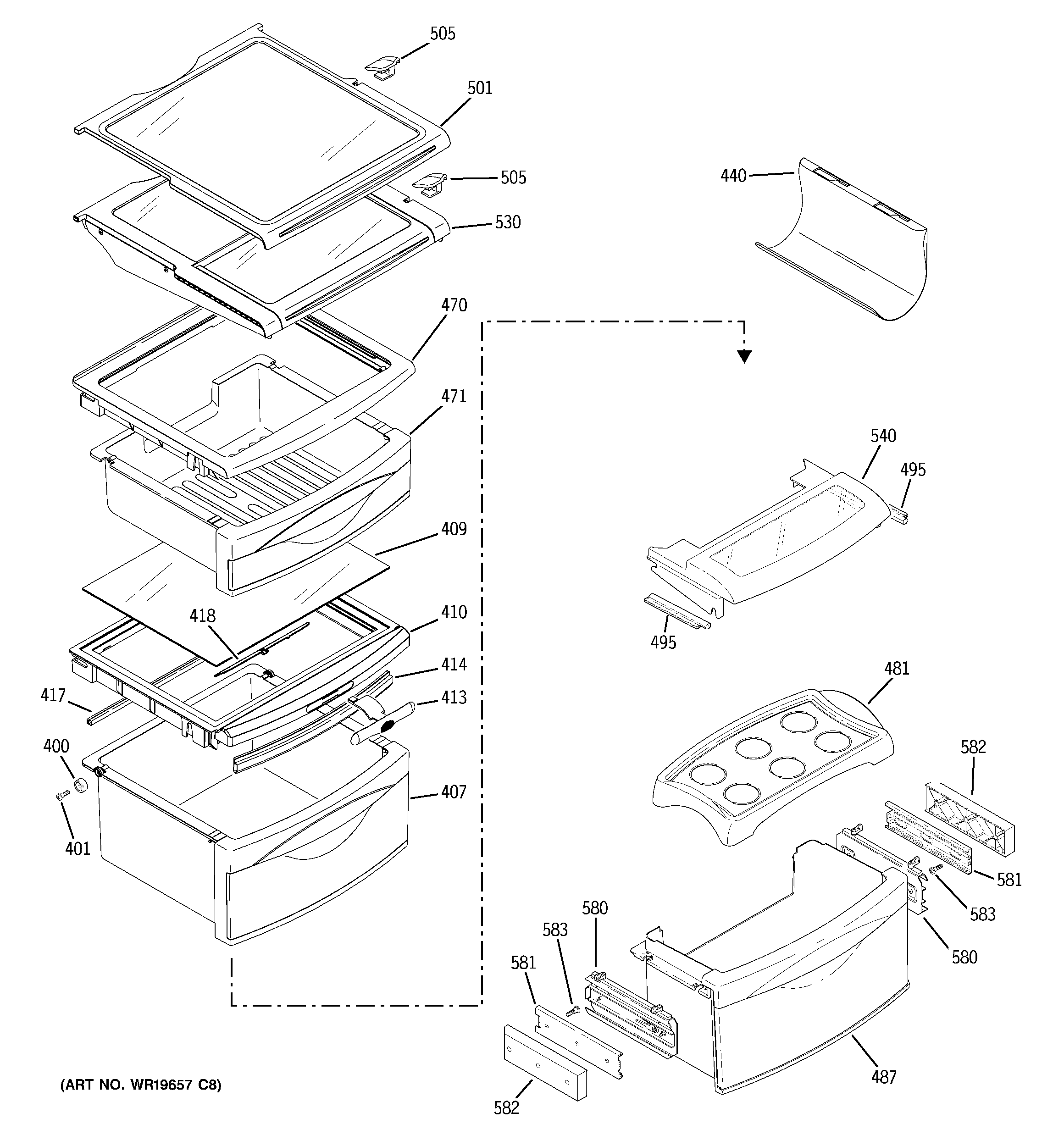 GE PSG29SHSACBS fresh food shelves diagram