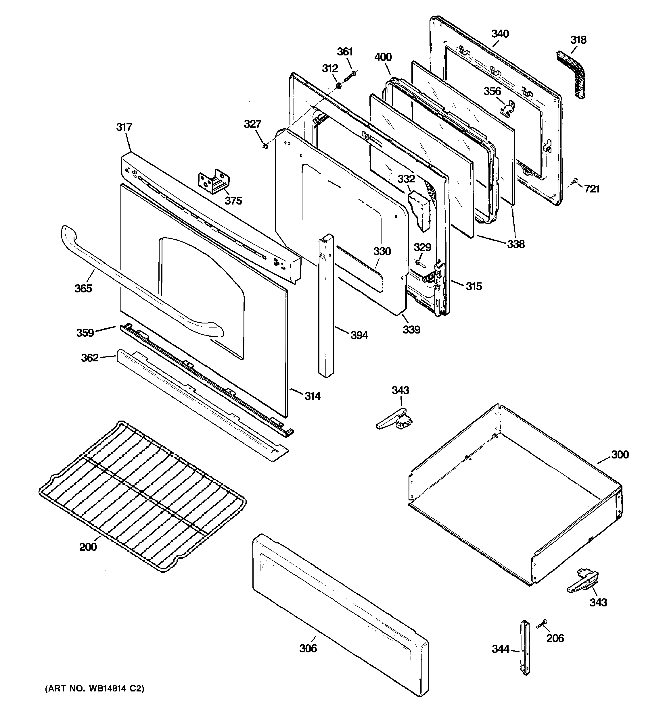 GE JGB300DEP5WW door & drawer parts diagram