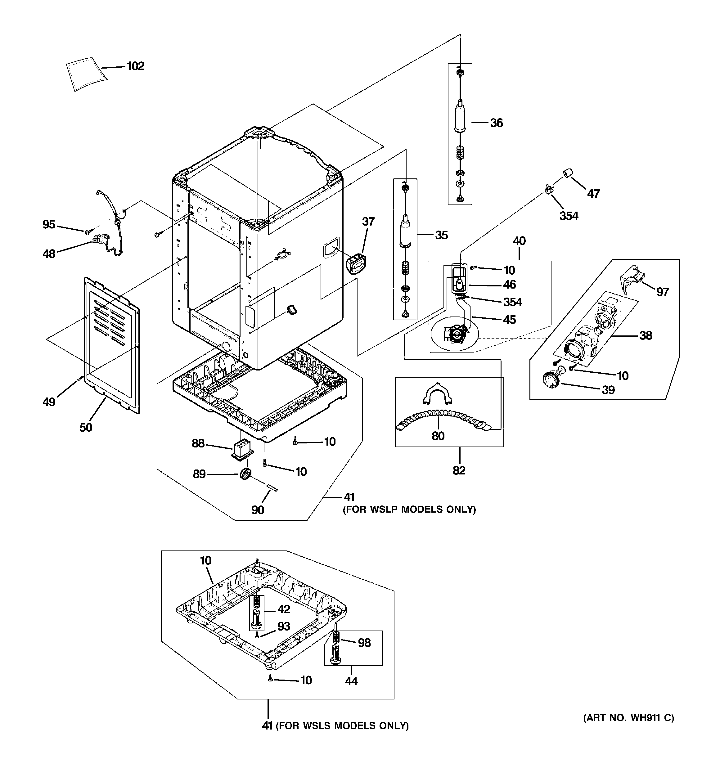 GE WSLP1500J0WW cabinet & base diagram