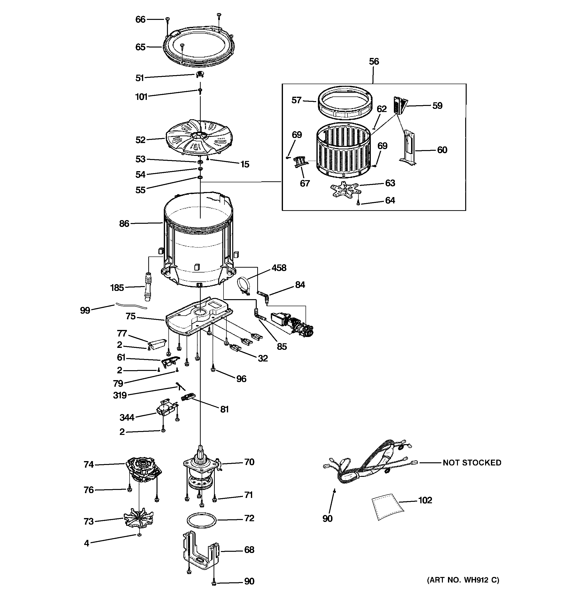 GE WSLP1500J0WW tub, agitator & drive assembly diagram